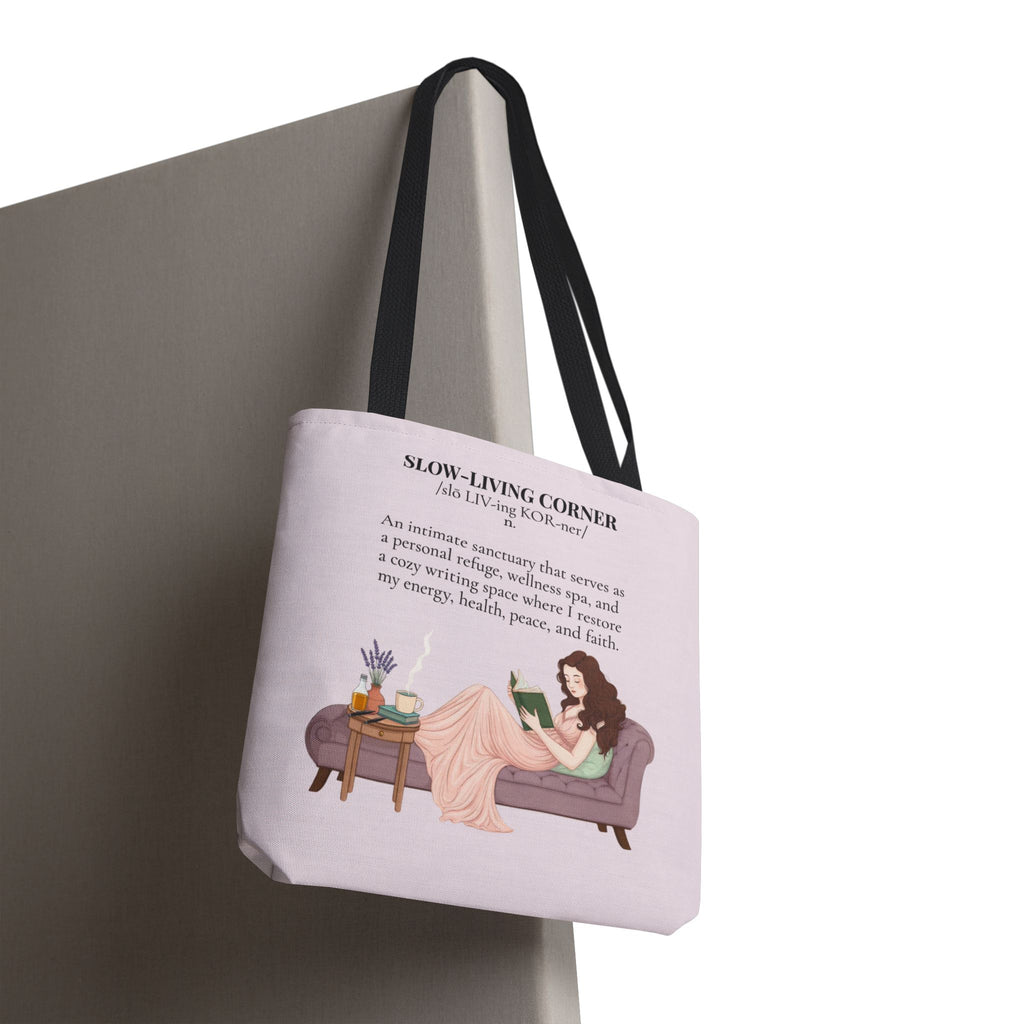 Slow-Living Corner Tote Bag — Cozy Self-Care AOP Canvas Tote with Faith Quotes (Pink)
