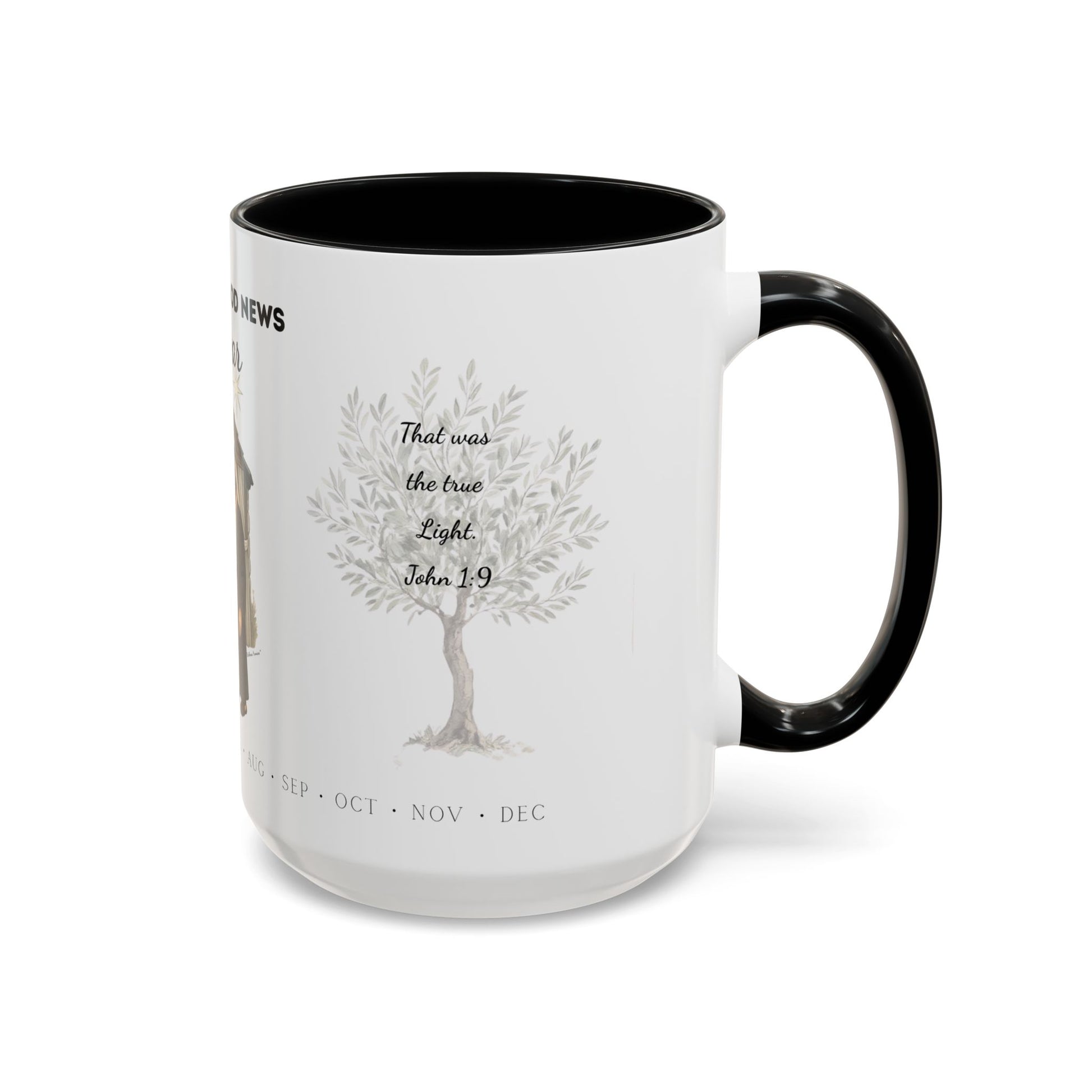 Nativity Coffee Mug Year-Round — "Celebrate Good News All Year" Christian Christmas Mug