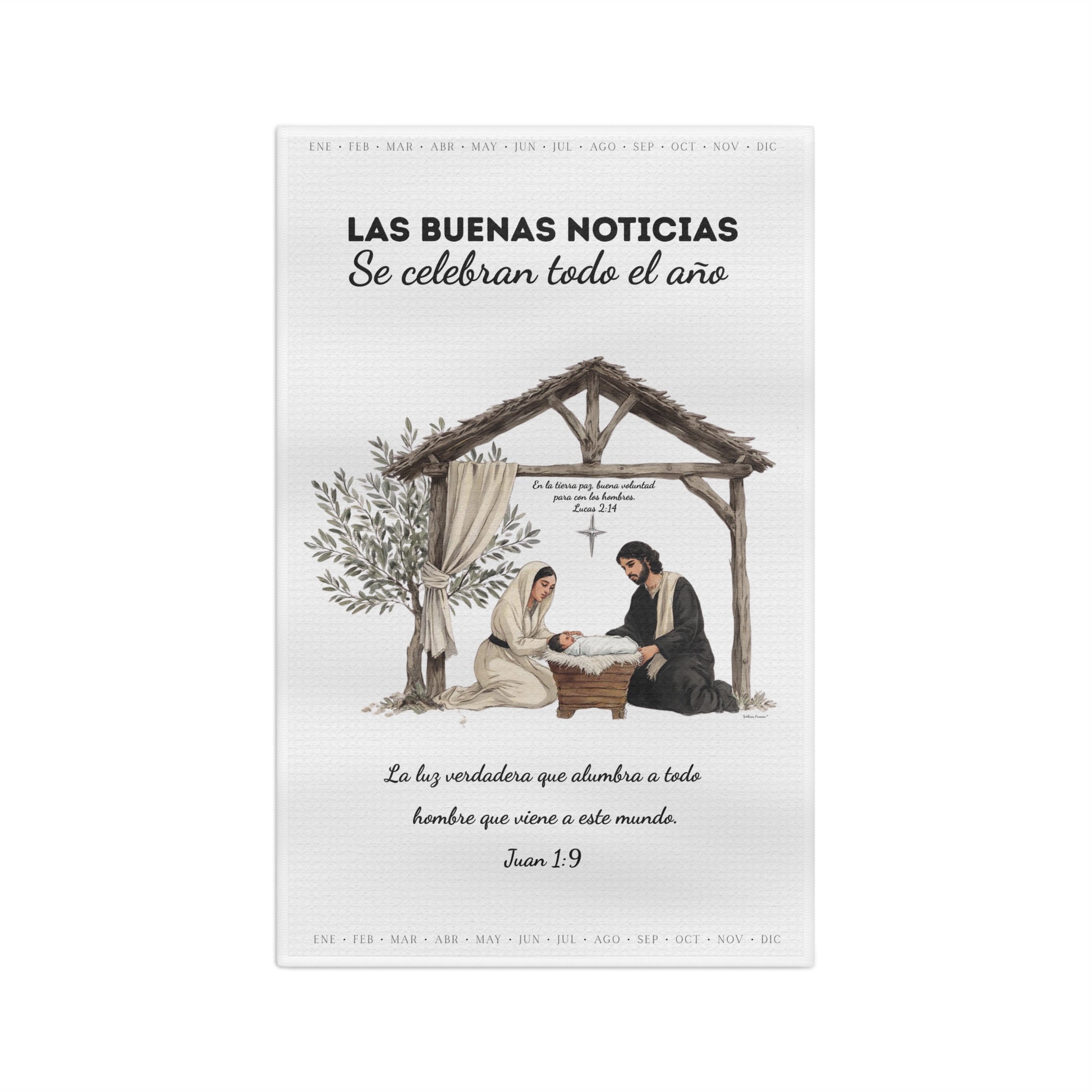 Nativity Tea Towel — "Las Buenas Noticias se celebran todo el año" Year-Round Christmas Kitchen Towel
