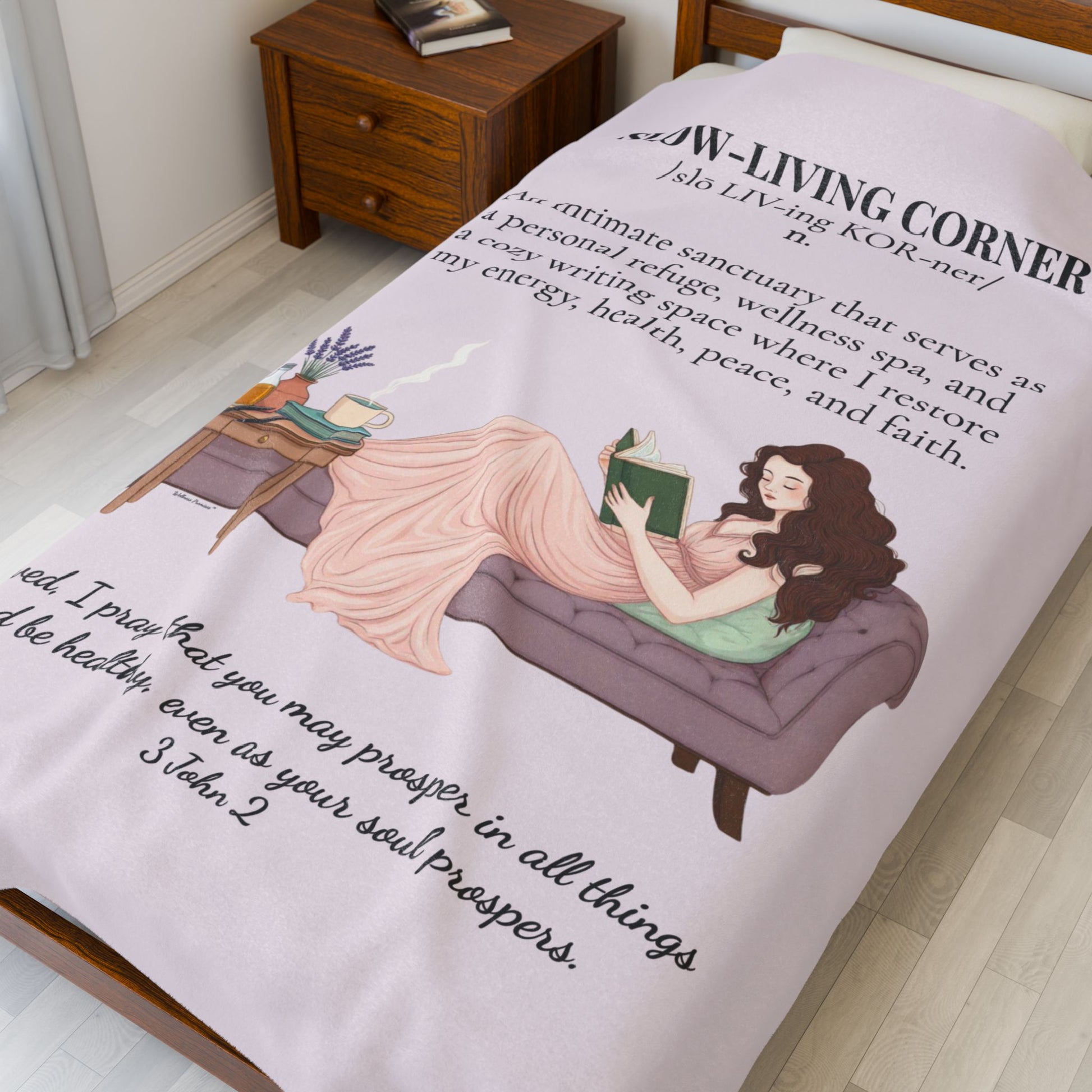 Slow-Living Corner Velveteen Plush Blanket — Cozy Reading Nook Throw withBible Verse (Mauve Color)