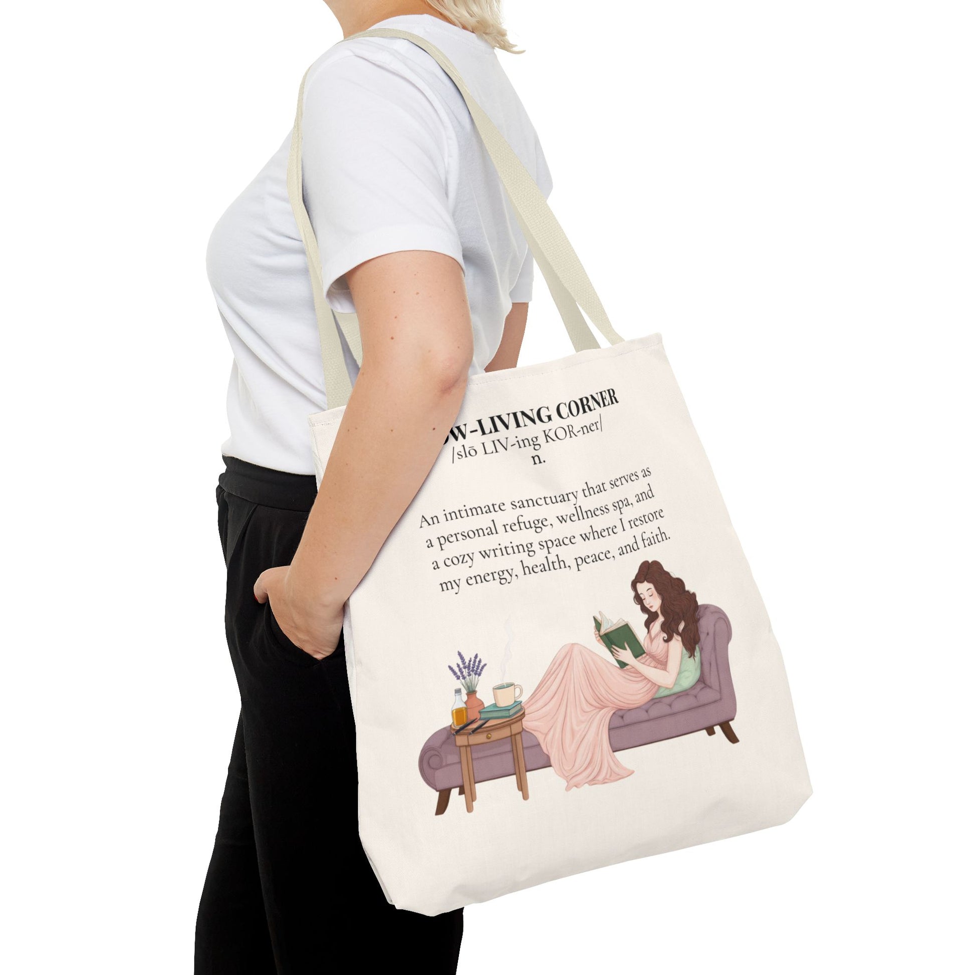 Slow-Living Corner Tote Bag — Cozy Self-Care AOP Canvas Tote with Faith Quotes