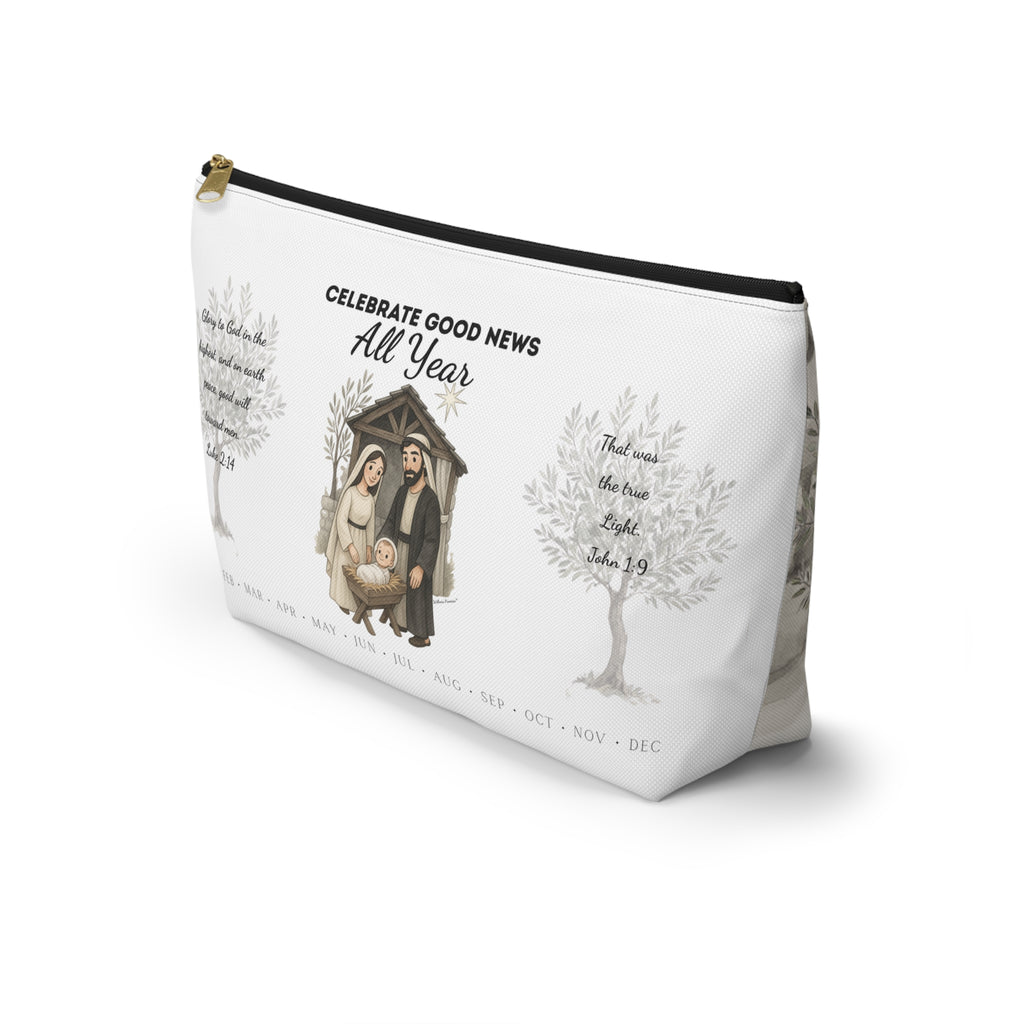Nativity Accessory Pouch — "Celebrate Good News All Year" Nativity Scene Year Round Makeup Bag