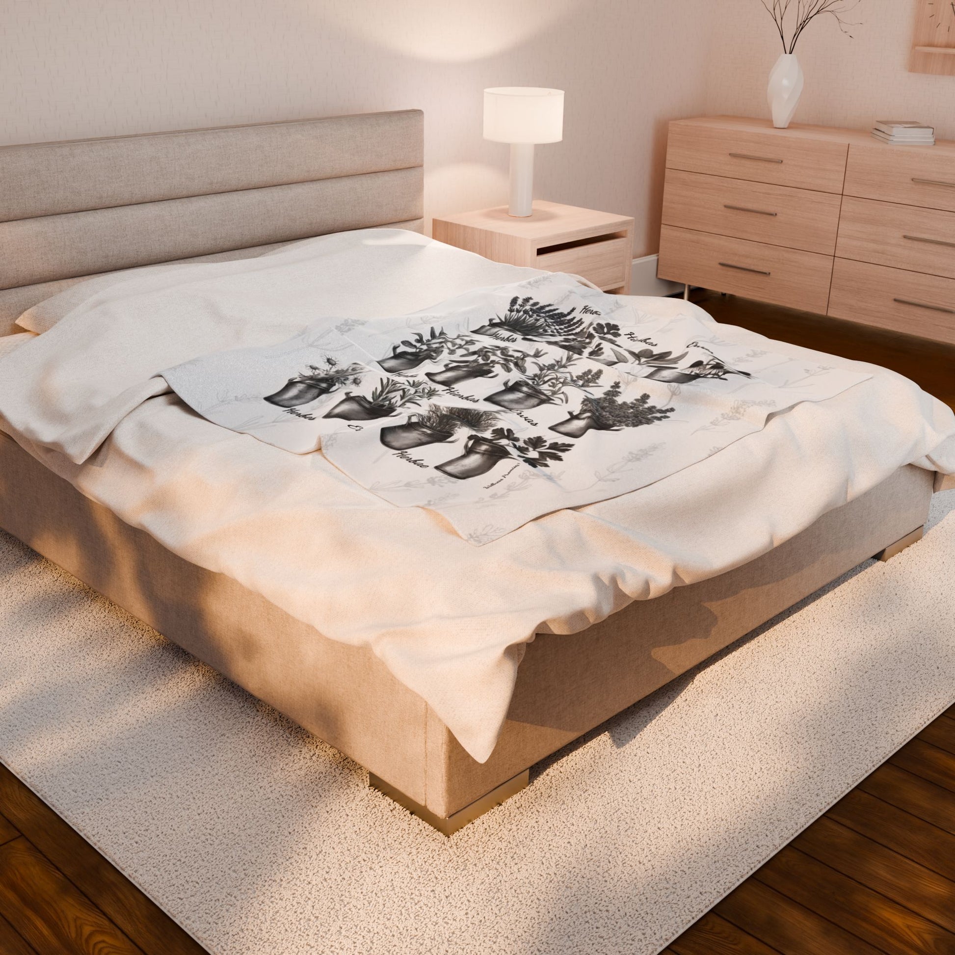6 Languages Herbal Wellness Black and White Velveteen Plush Blanket | Cozy Home Decor, Perfect Gift for Gardeners, Plant Lovers, Housewarming, Relaxing Evenings