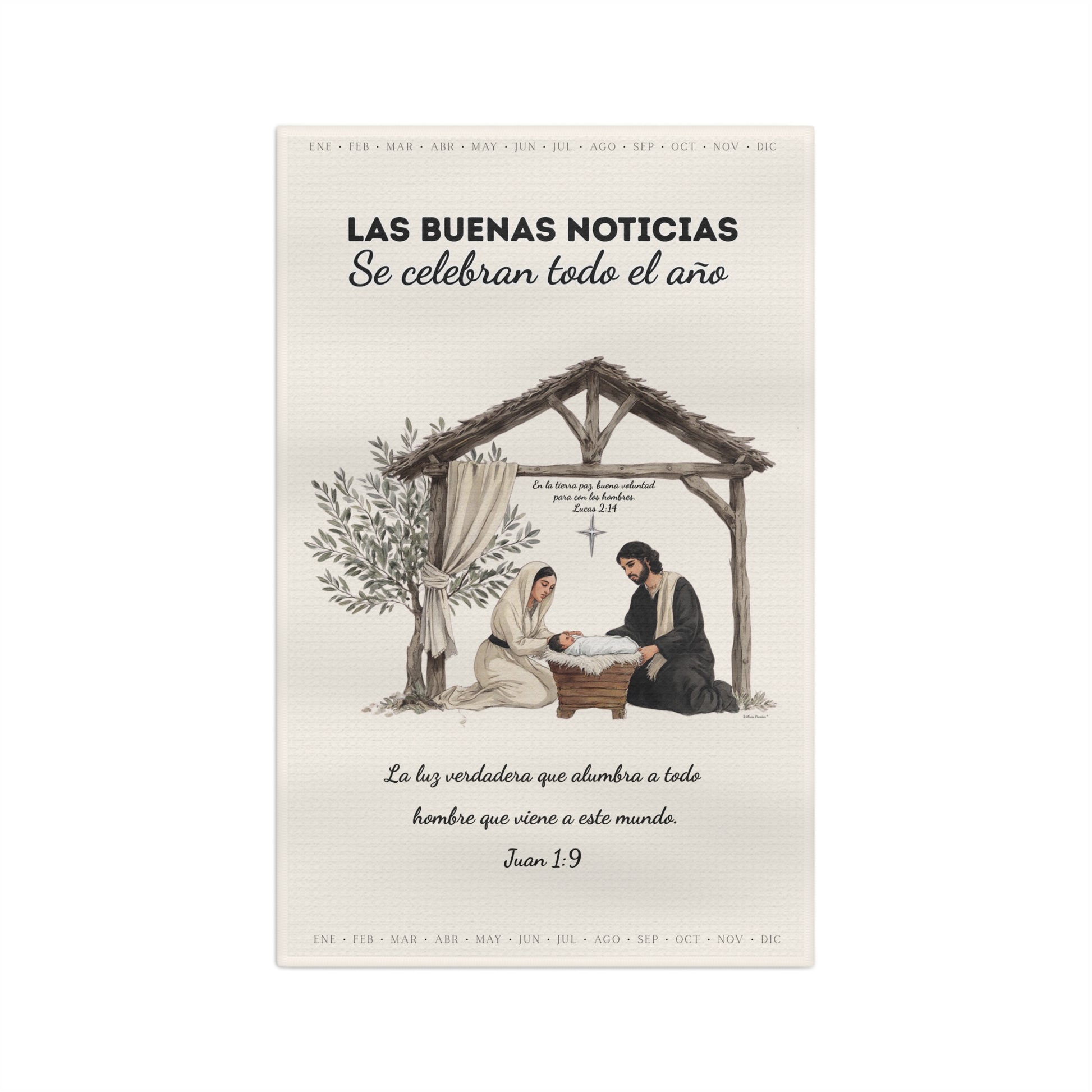Nativity Tea Towel — (Cream Color) "Las Buenas Noticias se celebran todo el año" Year-Round Christmas Kitchen Towel