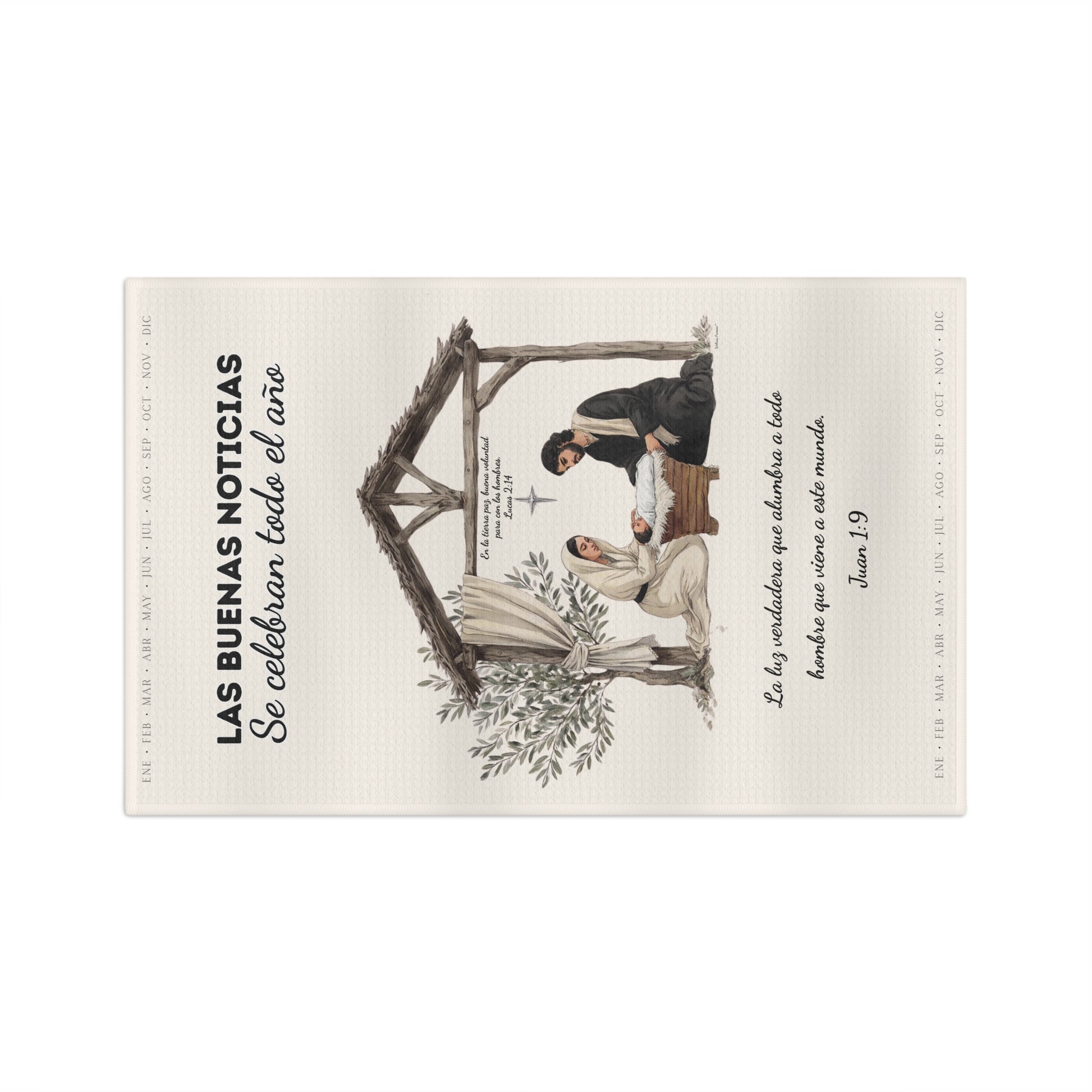Nativity Tea Towel — (Cream Color) "Las Buenas Noticias se celebran todo el año" Year-Round Christmas Kitchen Towel