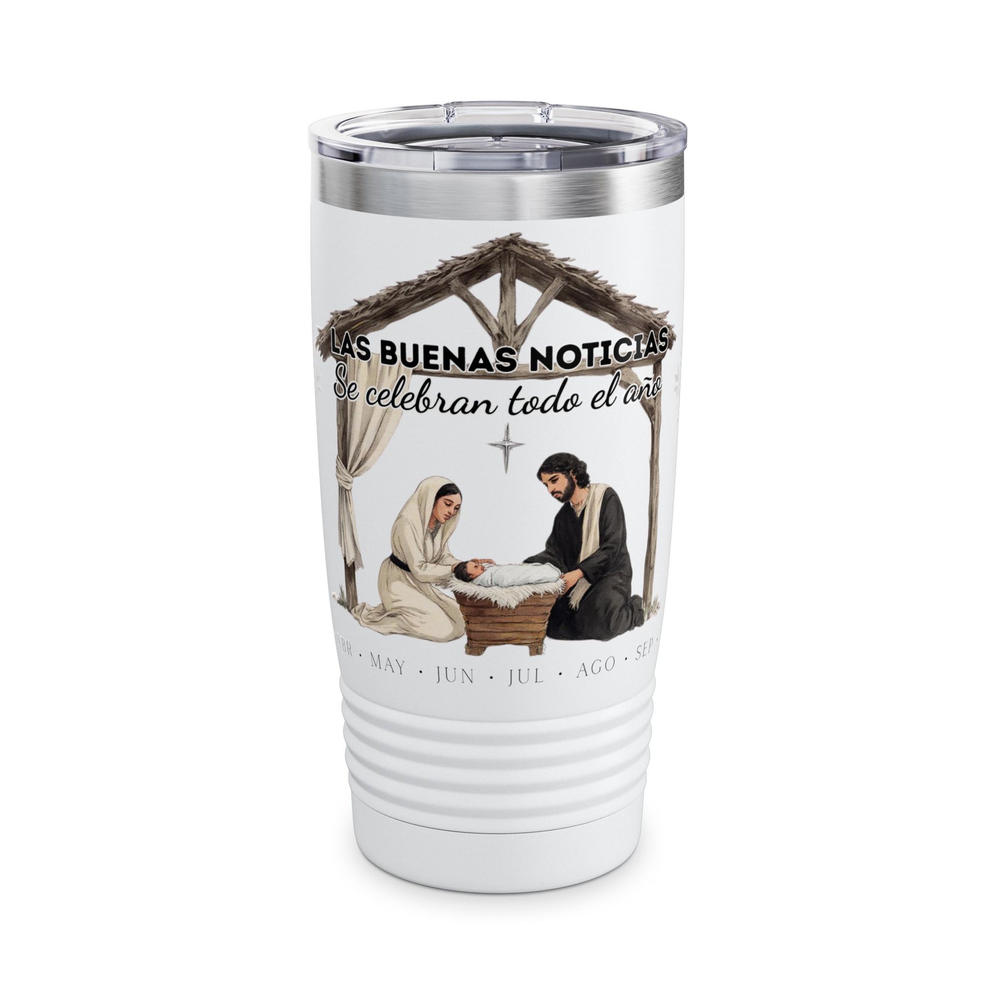 Nativity Ringneck Tumbler Year Round Use— Spanish "¡Las buenas noticias se celebran todo el año!" 20oz