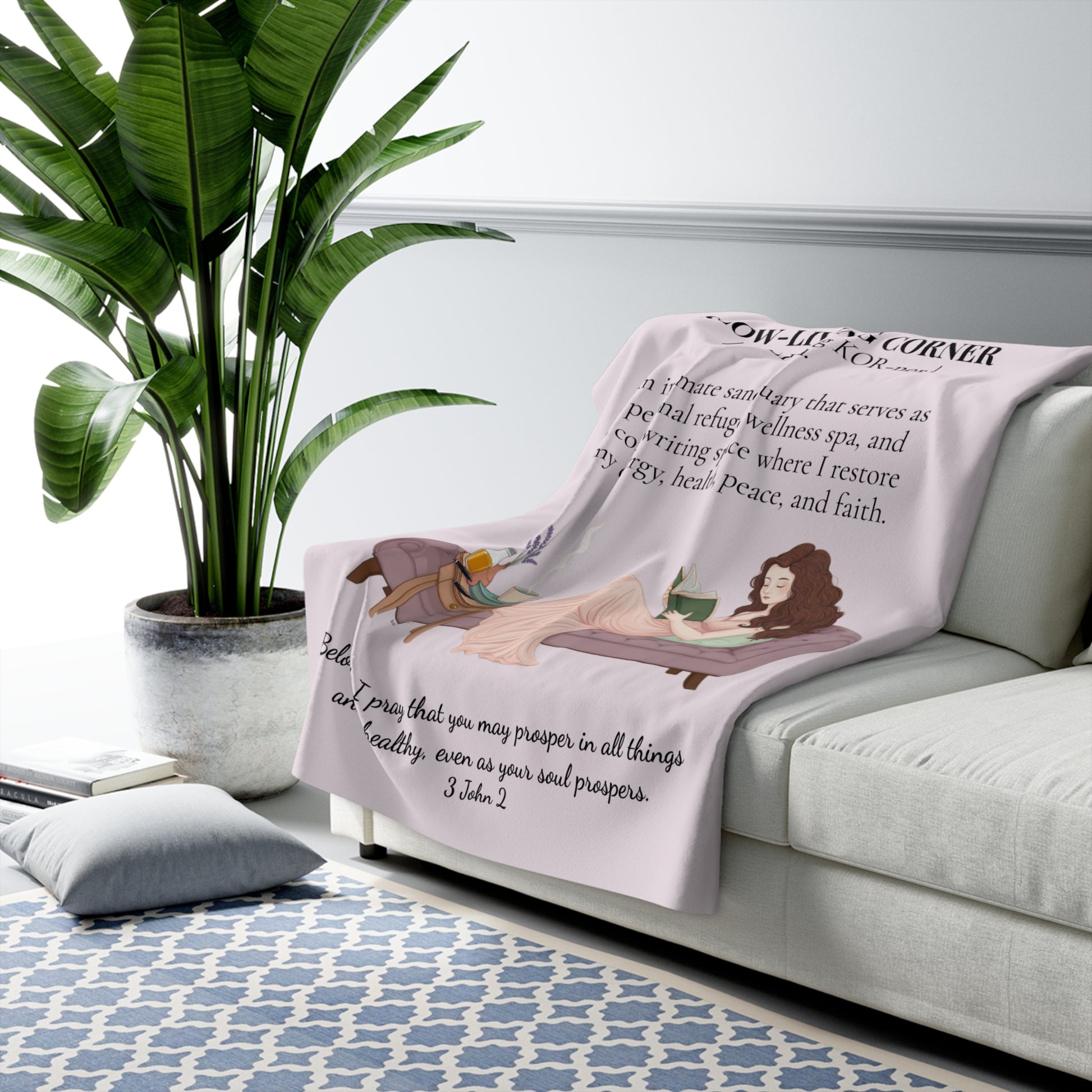 Slow-Living Corner Sherpa Fleece Blanket — Mauve Cozy Spiritual Sanctuary Throw with Scripture