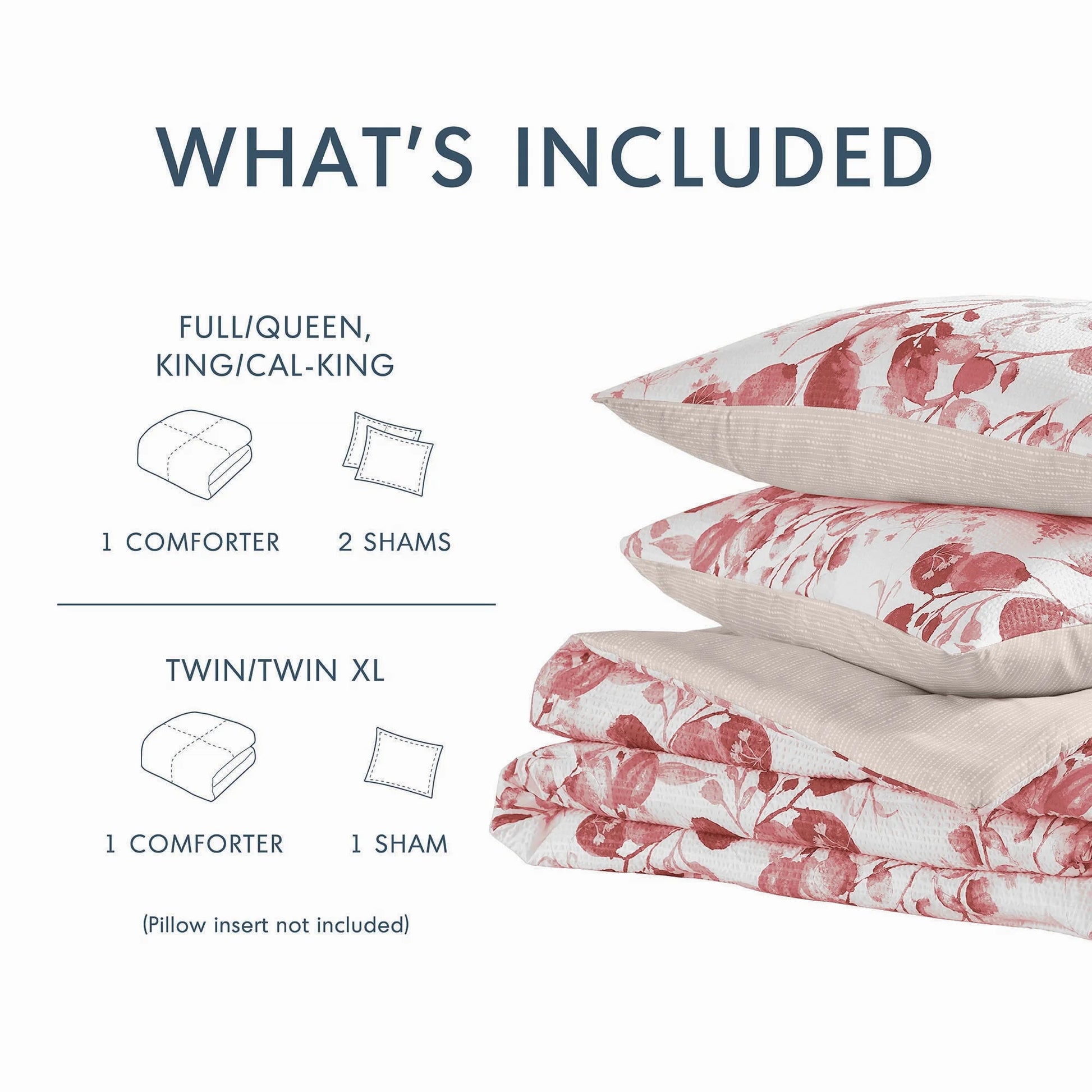 King/Cal King Comforter Sets, Reversible Seersucker Floral Bedding Sets, 3 Piece Lightweight Pink Blush Botanical Flowers Comforter Bed Set with Pillow Shams