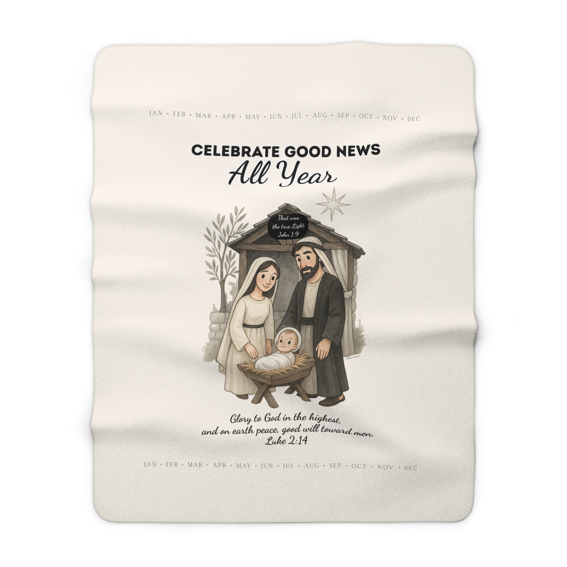 Nativity Sherpa Fleece Blanket – "Celebrate Good News All Year" Christian Christmas Throw with Luke 2:14