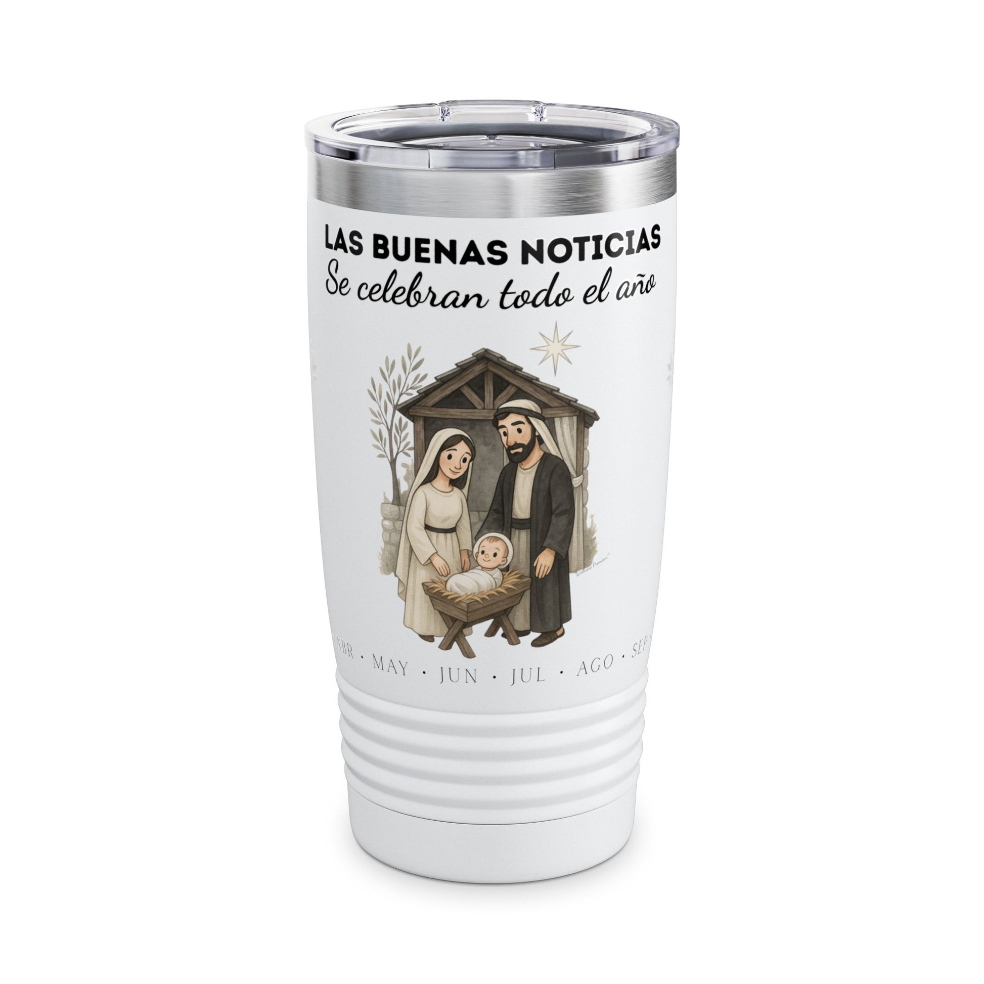 Nativity Ringneck Tumbler Year Round Use— Spanish "¡Las buenas noticias se celebran todo el año!" 20oz