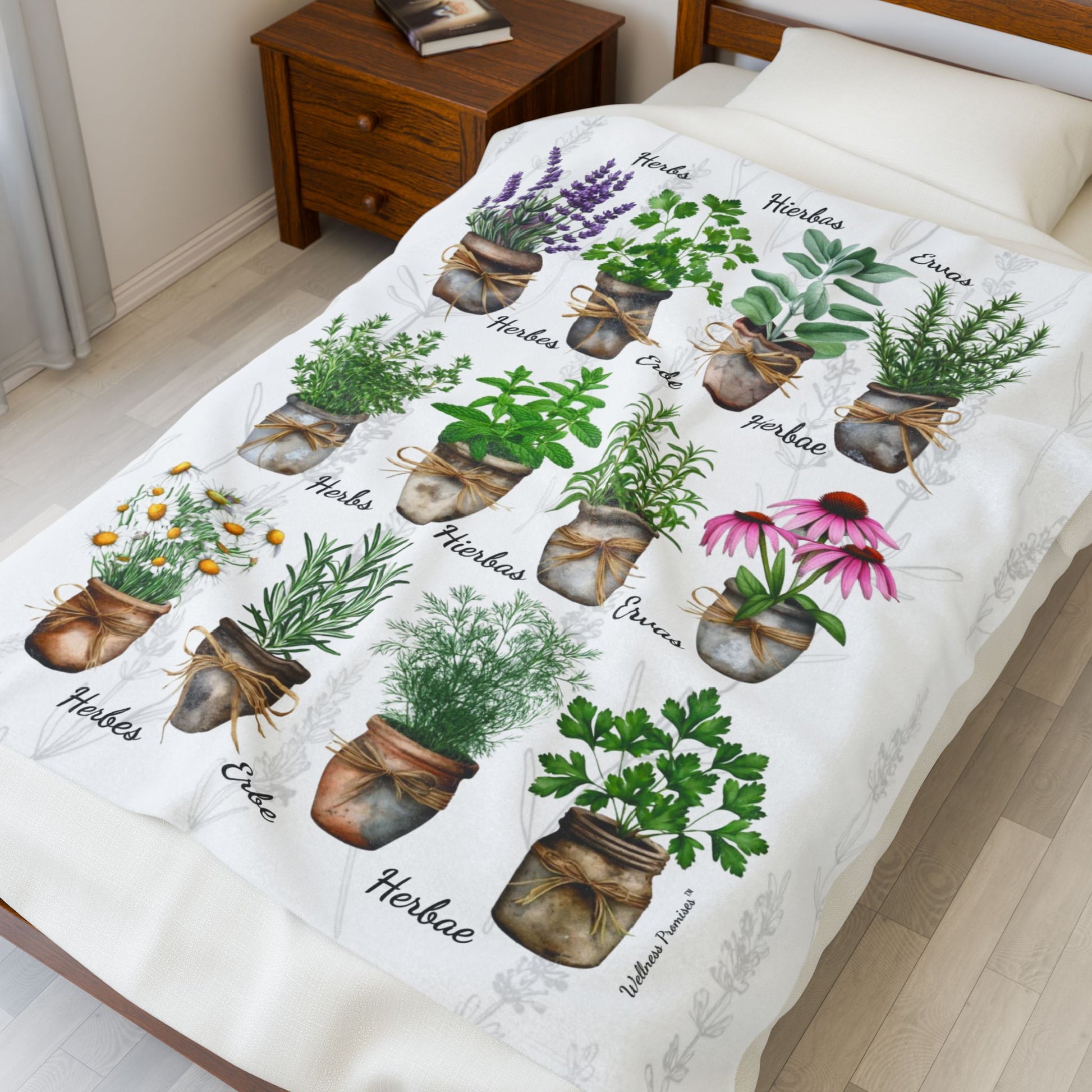 6 Languages Herbal Wellness Watercolor Velveteen Plush Blanket | Cozy Home Decor