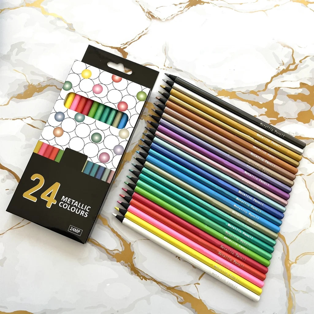 24 Count Metallic Colored Pencils Assorted Coloring Pencil Set Wooden Drawing Pencils for Kids Art Drawing Coloring Book
