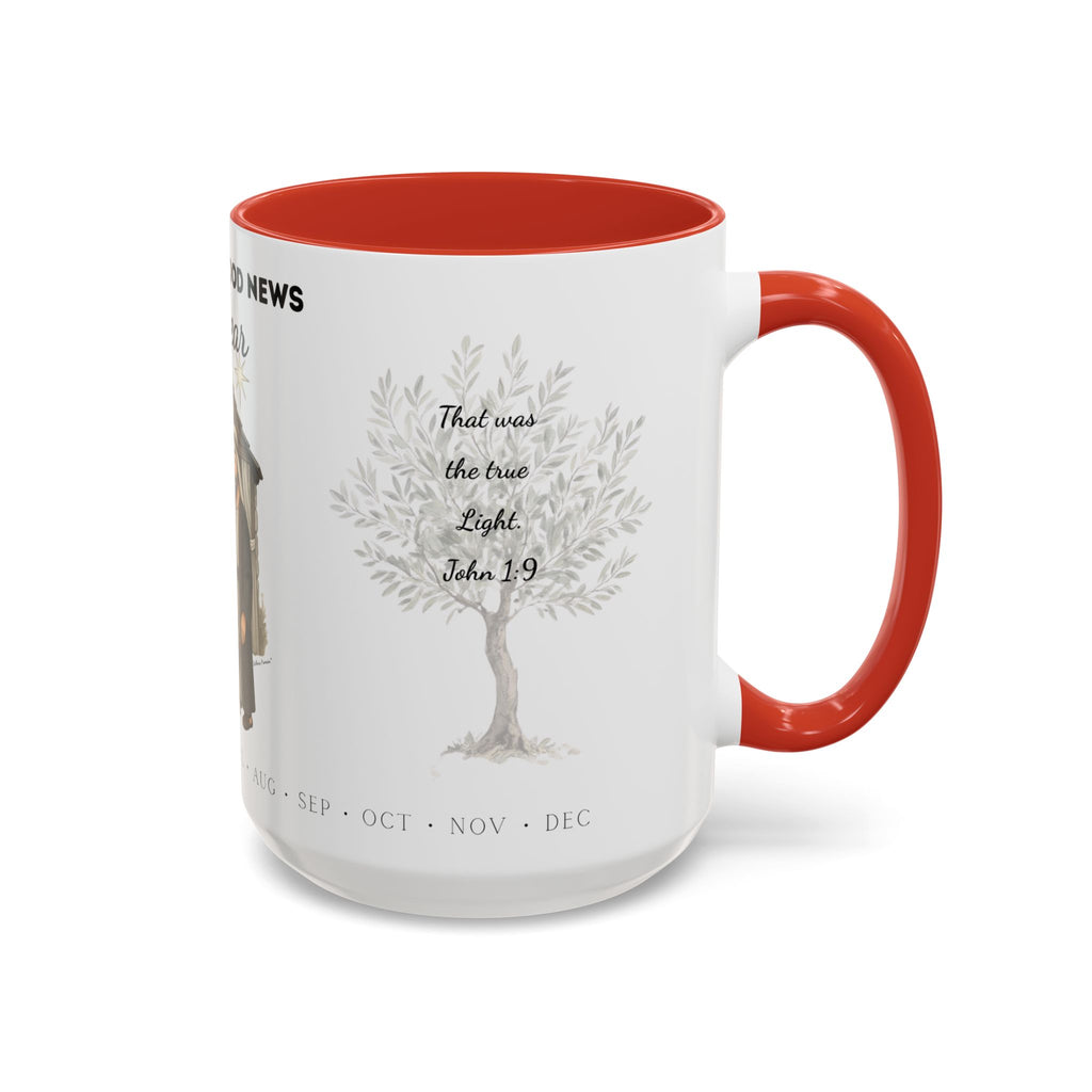 Nativity Coffee Mug Year-Round — "Celebrate Good News All Year" Christian Christmas Mug