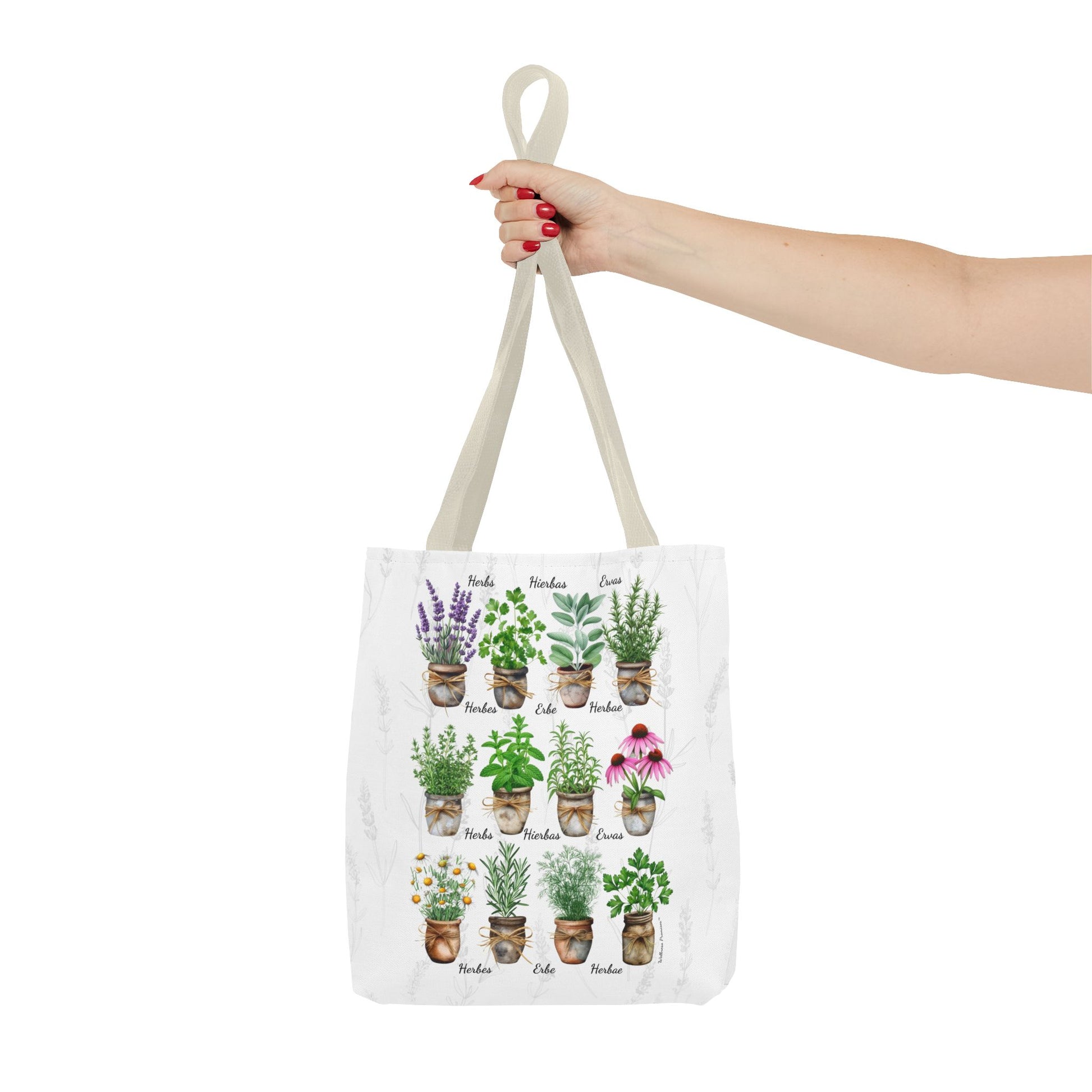 6 Language Watercolor Herbal Garden Tote Bag | Botanical Shopping Tote | Eco-Friendly Grocery Bag, Plant Lover Gift, Garden Decor, Mothers Day