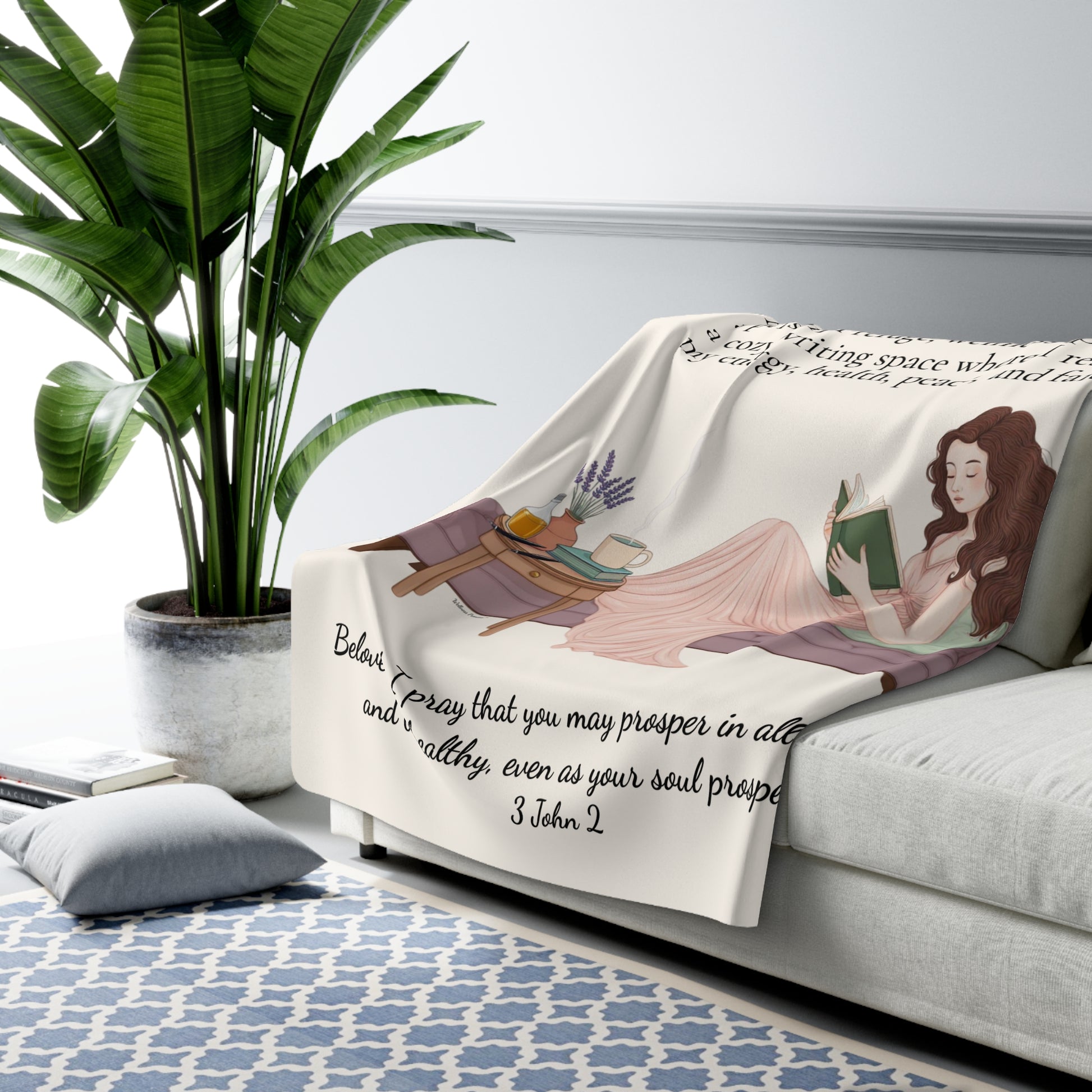 Slow-Living Corner Sherpa Fleece Blanket — (Beige Color) Cozy Spiritual Sanctuary Throw with Scripture
