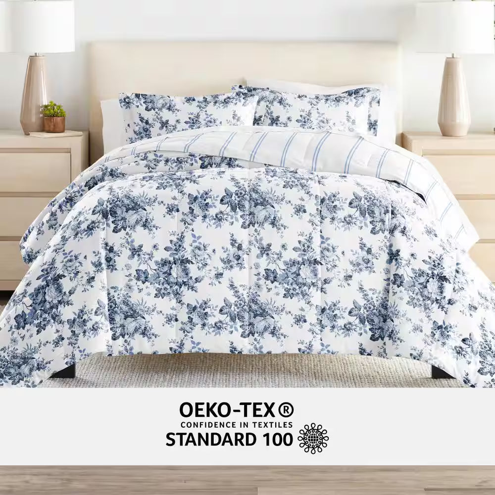 7-Piece Cabbage Rose Stripe Stone Pattern Comforter Cal King Microfiber Bedding Bundle