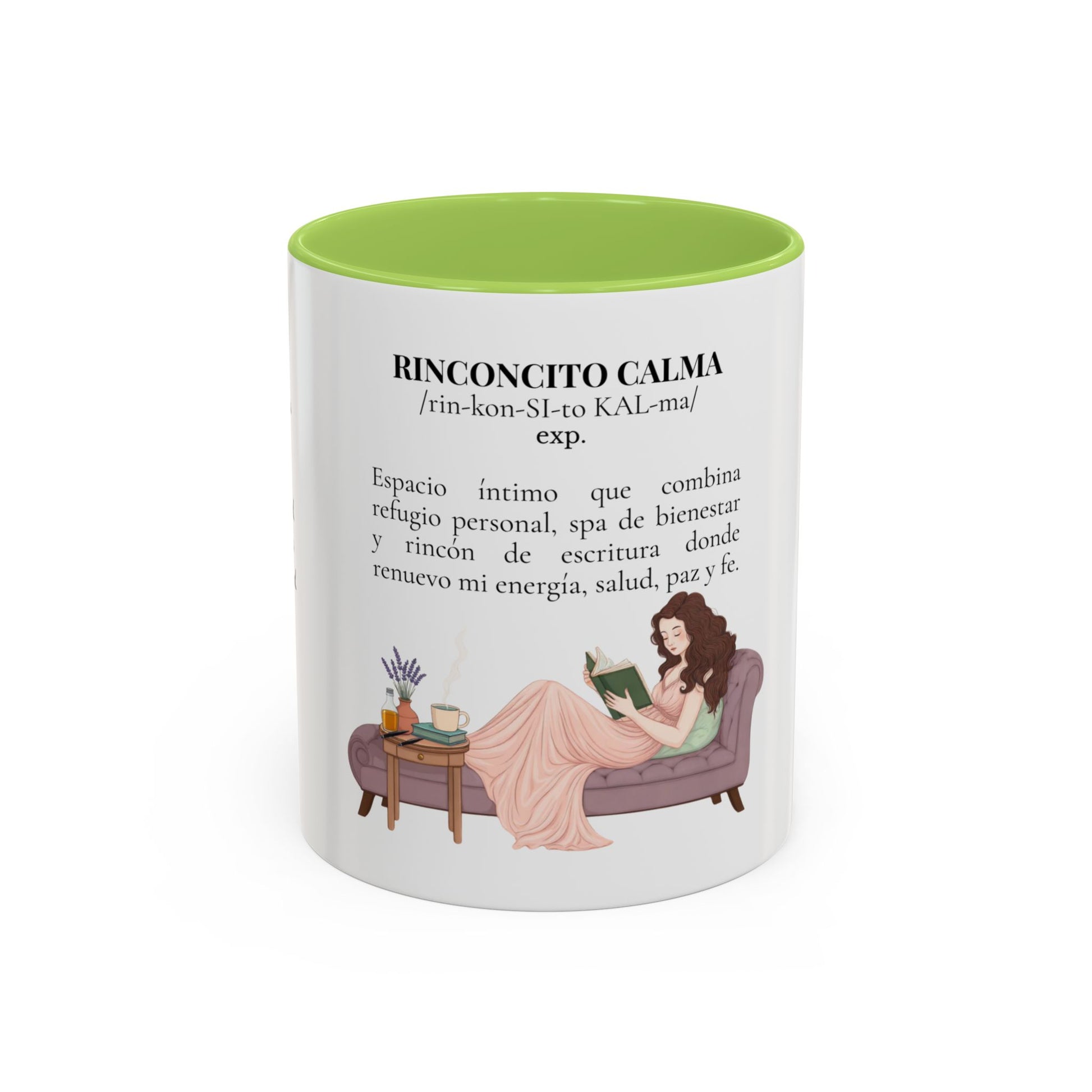Slow-Living Calm Reading Corner Accent Coffee Mug — "Rinconcito Calma" Herbal Christian Gift (11/15oz)