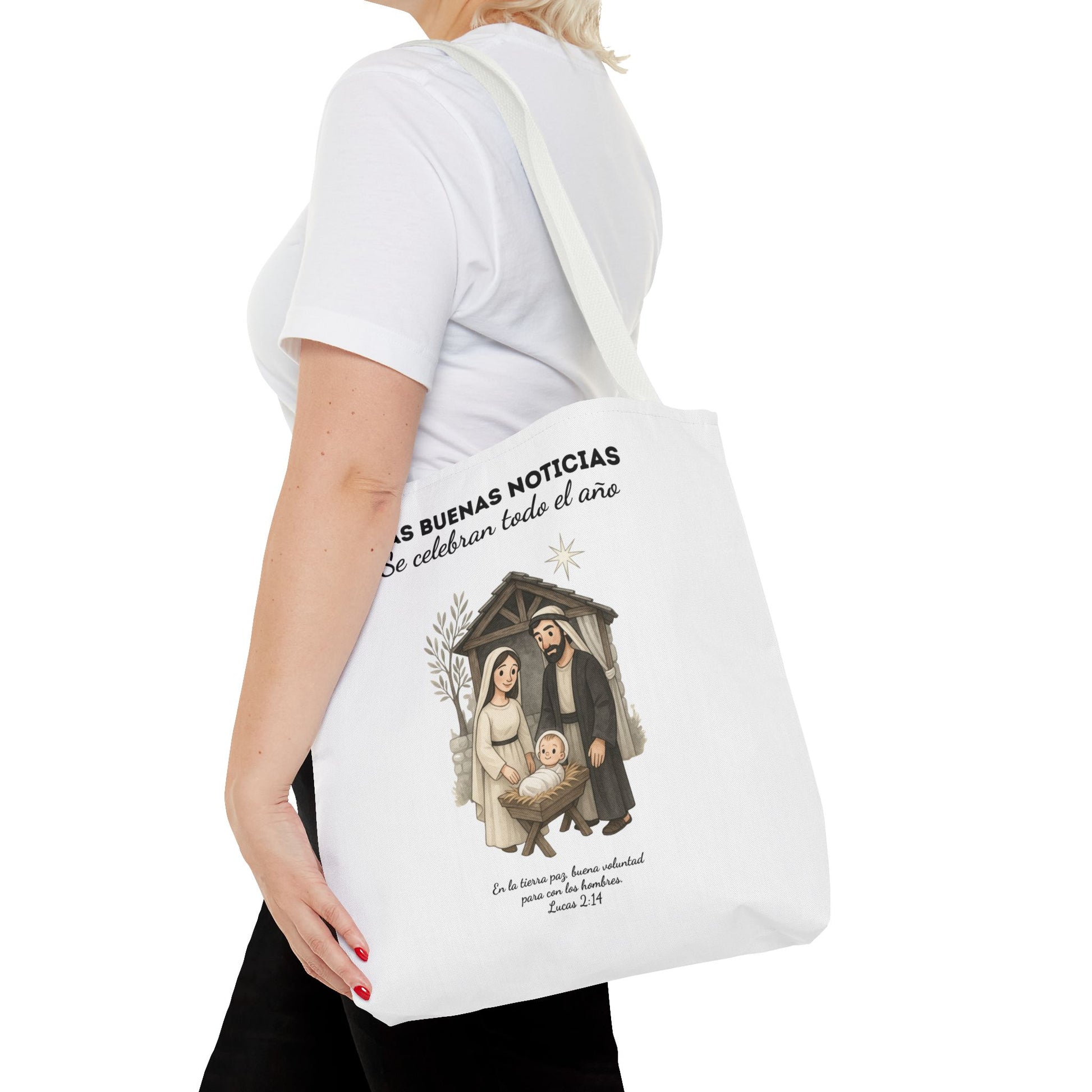 Nativity Tote Bag Year Round — (White Color) "Las Buenas Noticias" Spanish Nativity Tote