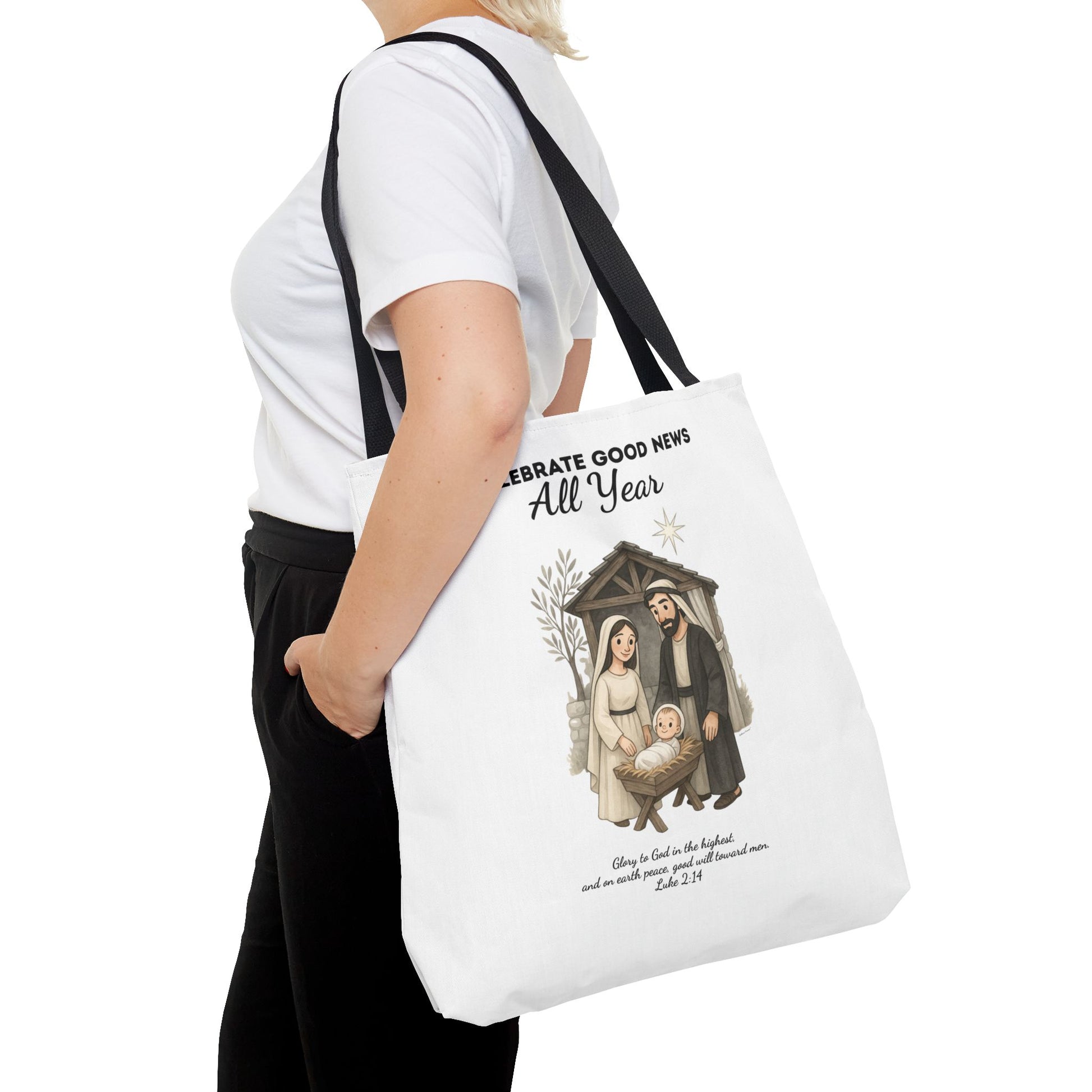 Nativity Tote Bag Year Round — (White Color) "Celebrate Good News All Year" Nativity Tote