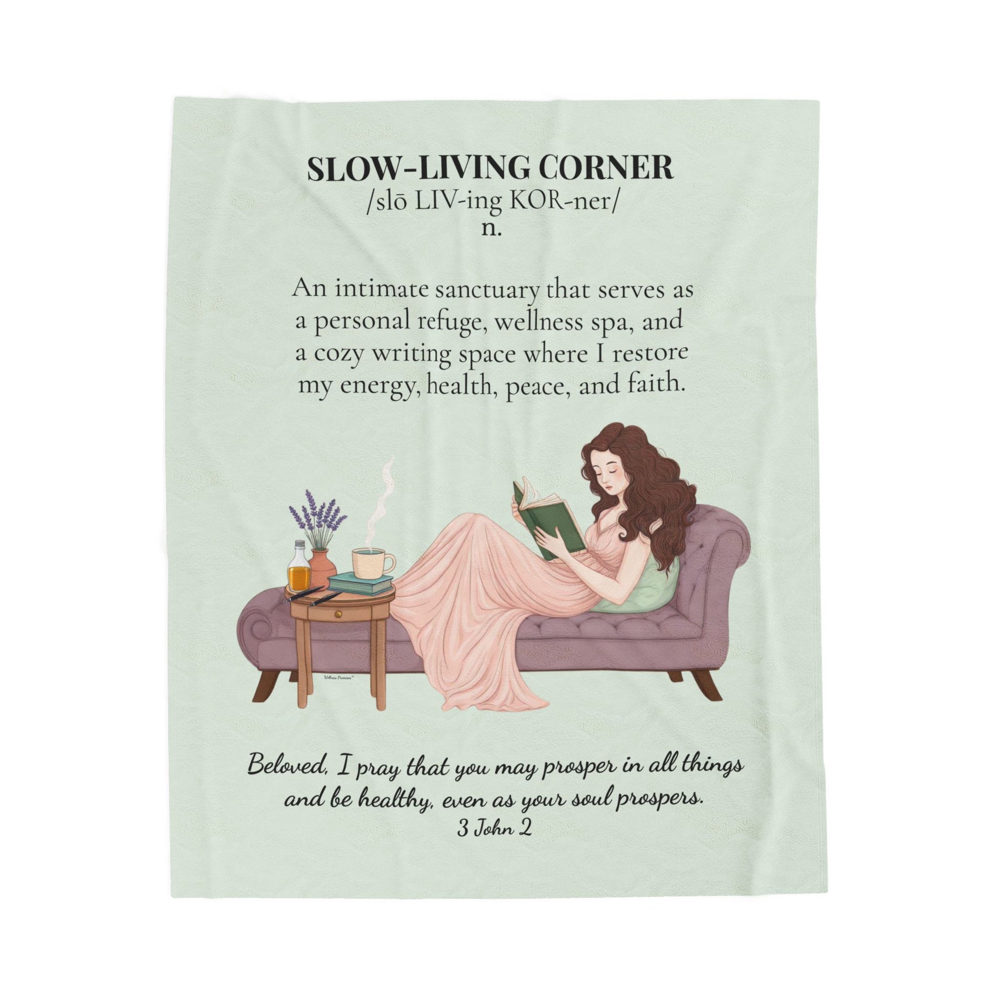Slow-Living Corner Velveteen Plush Blanket — Cozy Reading Nook Throw with Bible Verse (Mint Green)