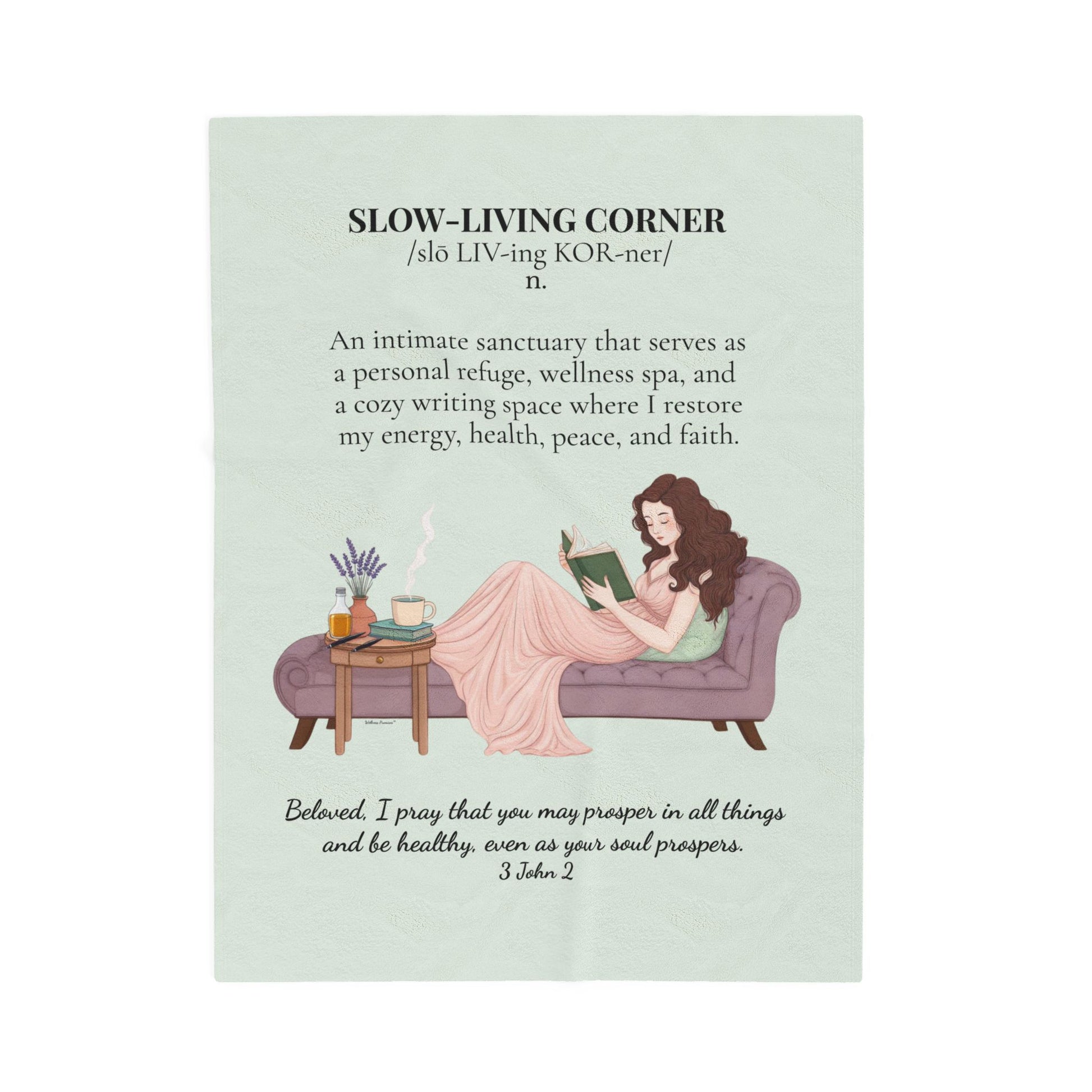 Slow-Living Corner Velveteen Plush Blanket — Cozy Reading Nook Throw with Bible Verse (Mint Green)