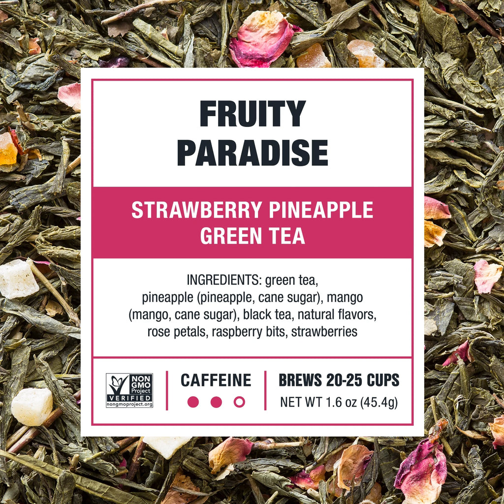 - Fruity Paradise, Slenderizer Loose Leaf Green Tea, Strawberry Pineapple Green Tea, Medium Caffeine, Gmo-Free, Make Hot or Iced Tea & Brews up to 25 Cups - 1.6 Ounce Resealable Pouch