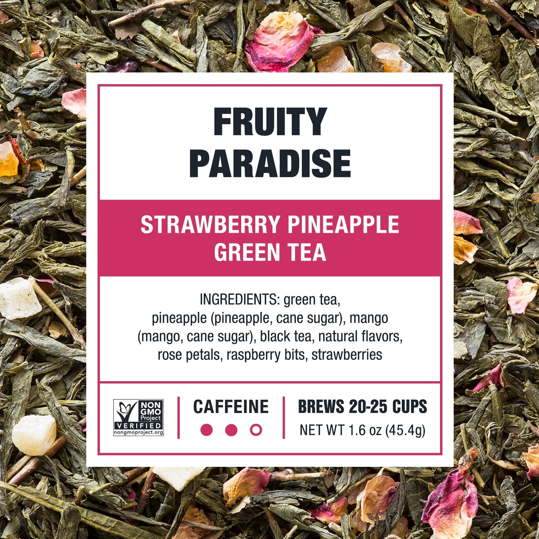 - Fruity Paradise, Slenderizer Loose Leaf Green Tea, Strawberry Pineapple Green Tea, Medium Caffeine, Gmo-Free, Make Hot or Iced Tea & Brews up to 25 Cups - 1.6 Ounce Resealable Pouch