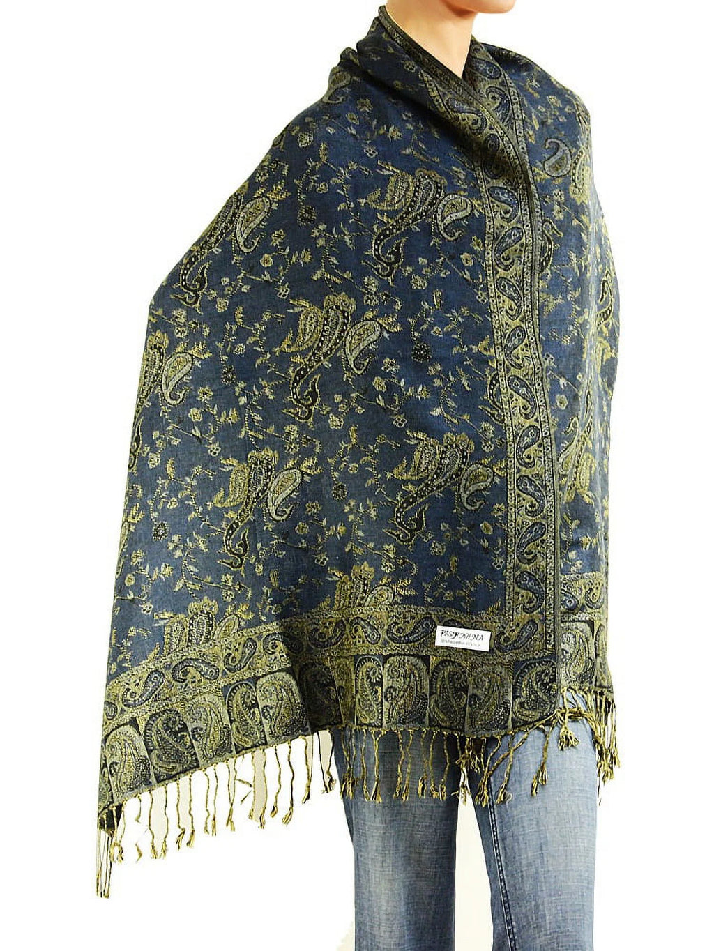 Women'S Reversible Paisley Woven Pashmina Shawl Wrap Scarf 80" X 27" Navy