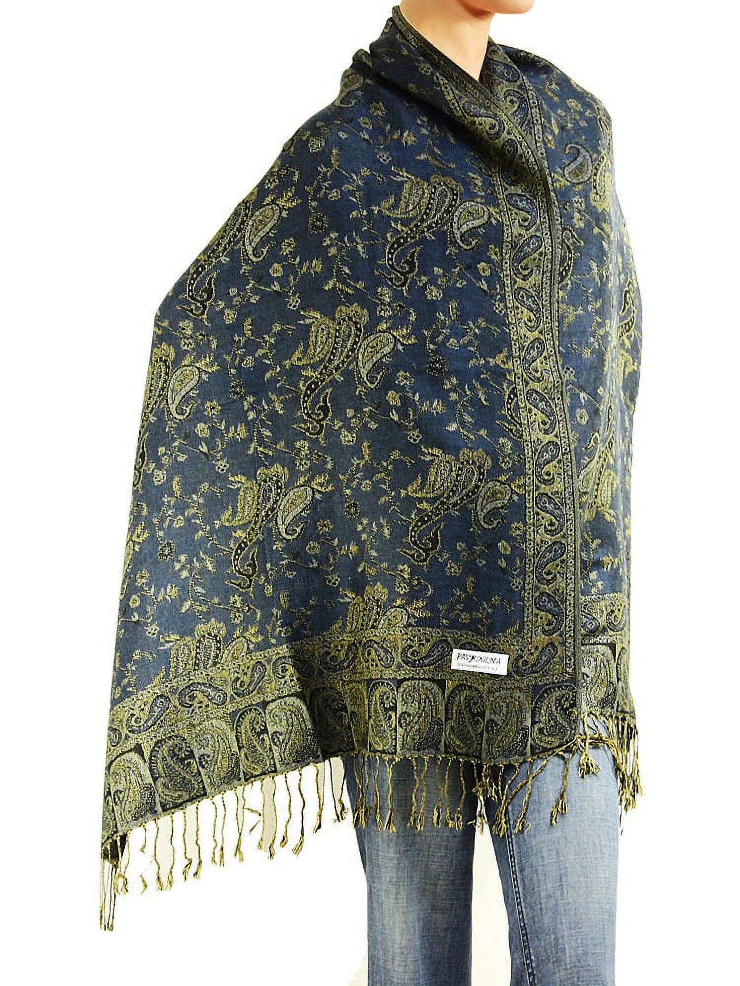 Women'S Reversible Paisley Woven Pashmina Shawl Wrap Scarf 80" X 27" Navy