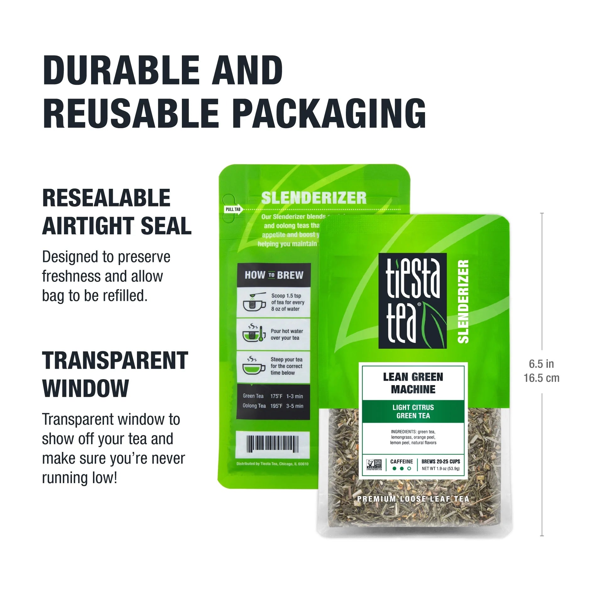 - Lean Green Machine, Slenderizer Loose Leaf Green Tea, Light Citrus Green Tea, Medium Caffeine, Gmo-Free, Make Hot or Iced Tea & Brews up to 25 Cups - 1.9 Ounce Resealable Pouch