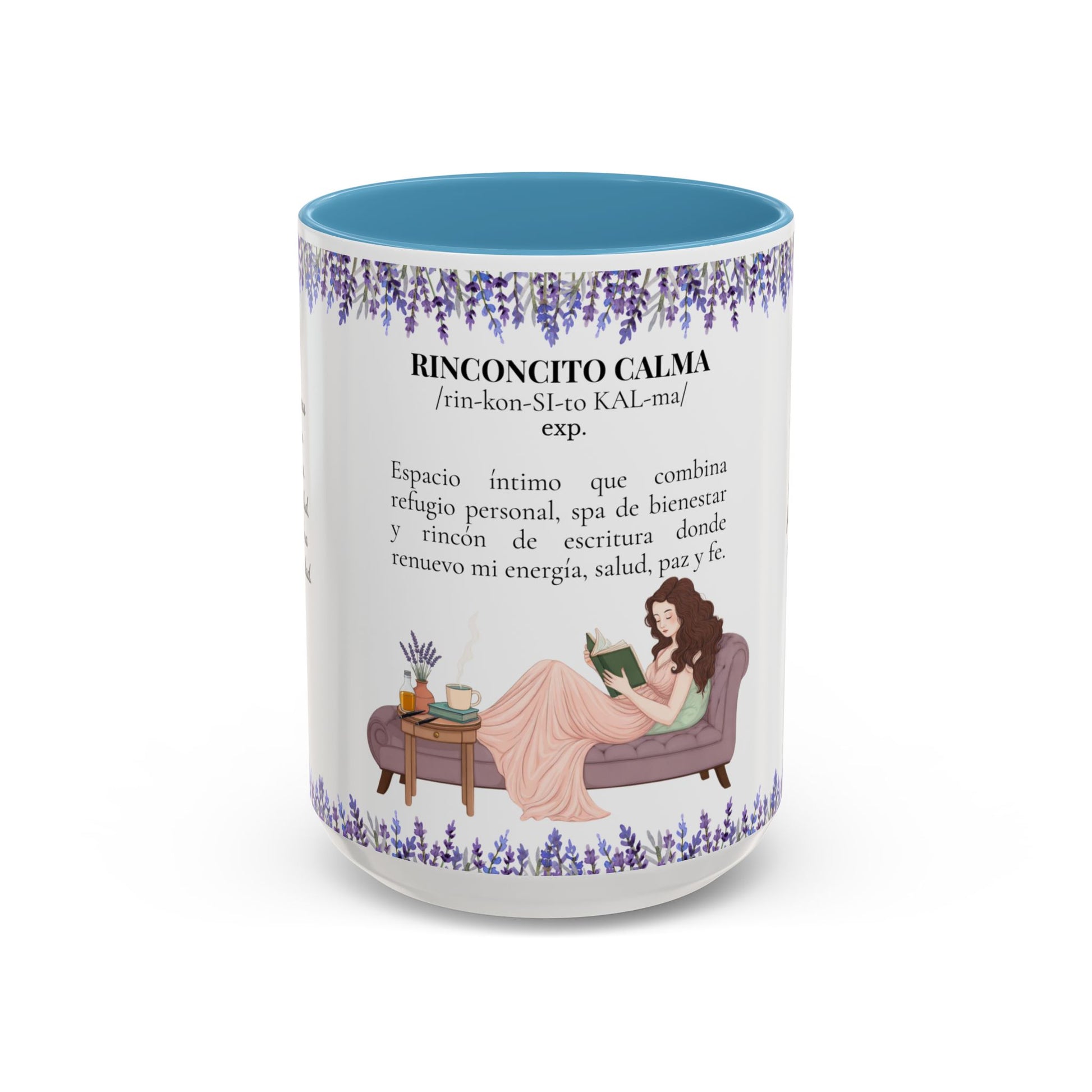 Slow-Living Calm Reading Corner Accent Coffee Mug — "Rinconcito Calma" Lavender Christian Gift (11/15oz)