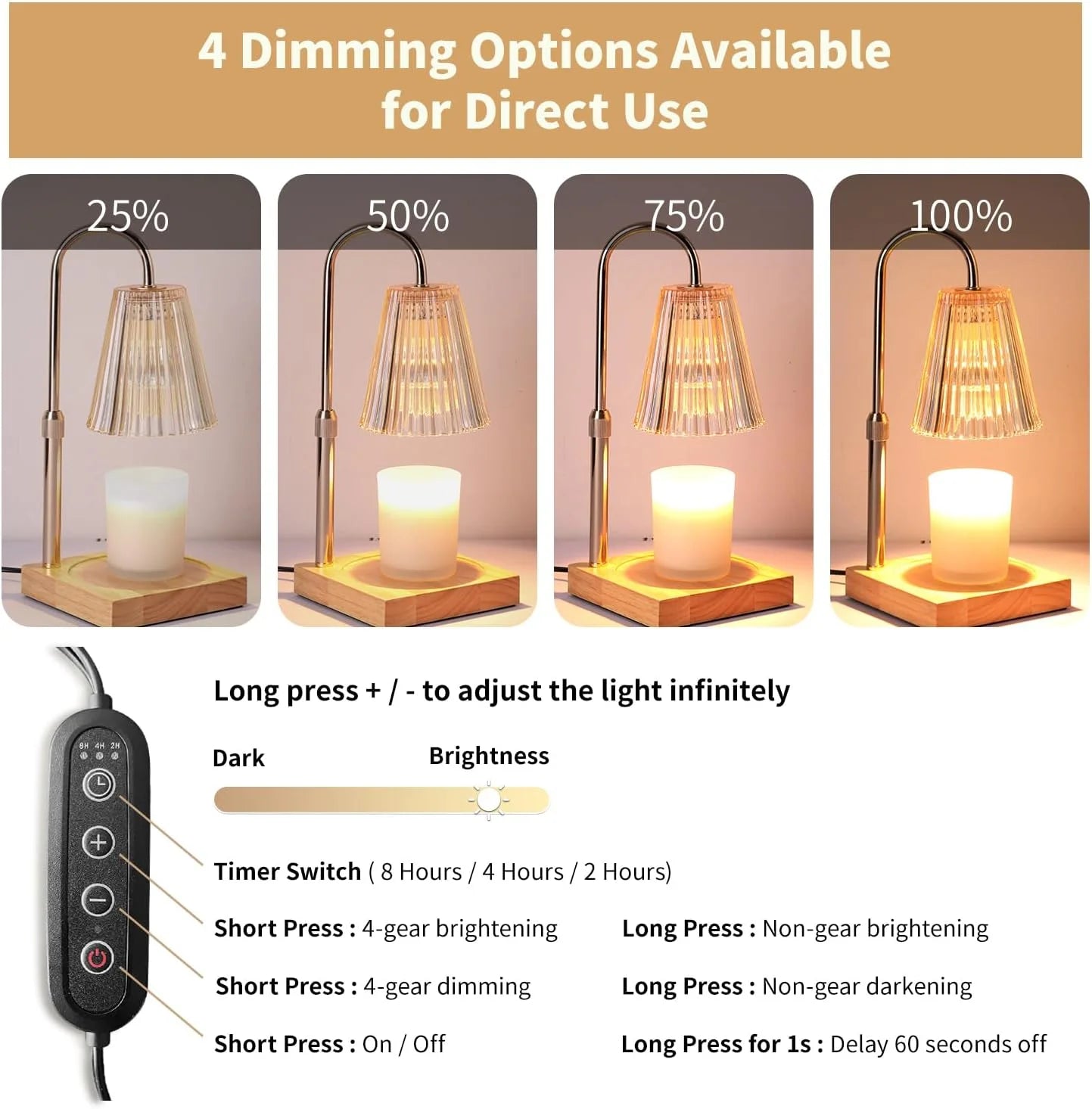 Candle Warmer Lamp with Dimmer, Electric Candle Warmer for Jar Candles, Bedroom Home Decor, 2H/4H/8H Timer Adjustable Height with 2 Bulbs, Amber
