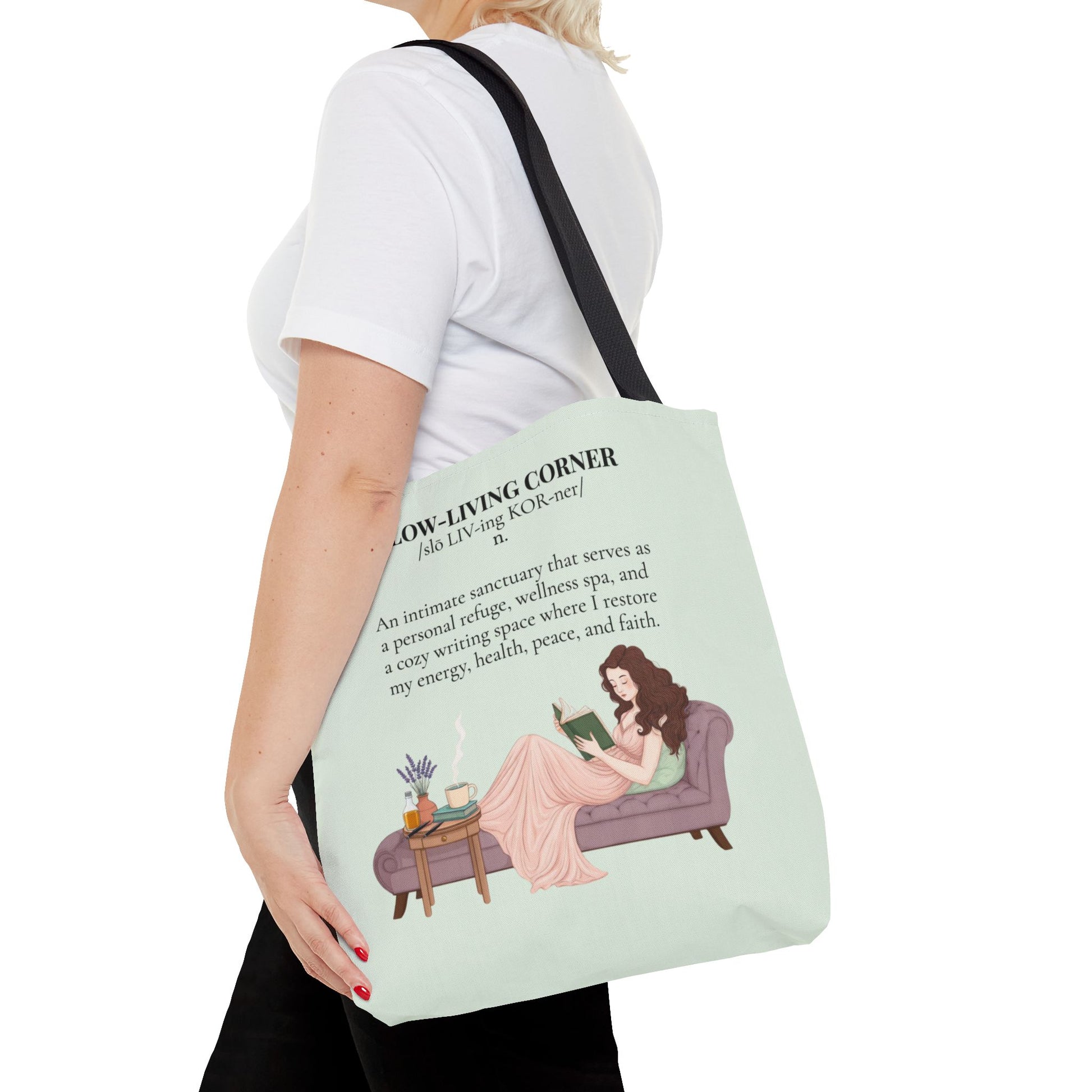 Slow-Living Corner Tote Bag — Cozy Self-Care AOP Canvas Tote with Faith Quotes (Mint Green)