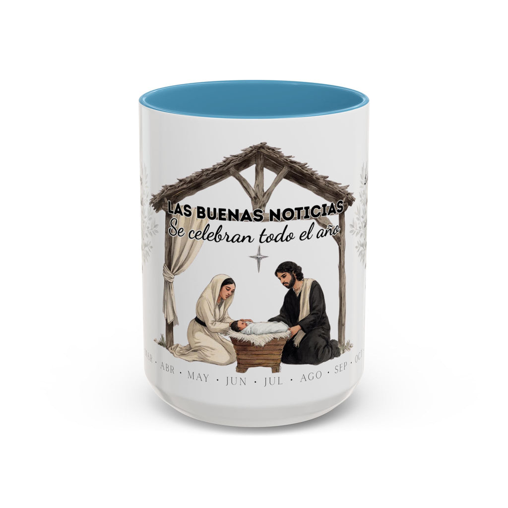 Year Round Nativity Coffee Mug — "Las Buenas Noticias se Celebran todo el Año" Watercolor Christian Christmas Mug