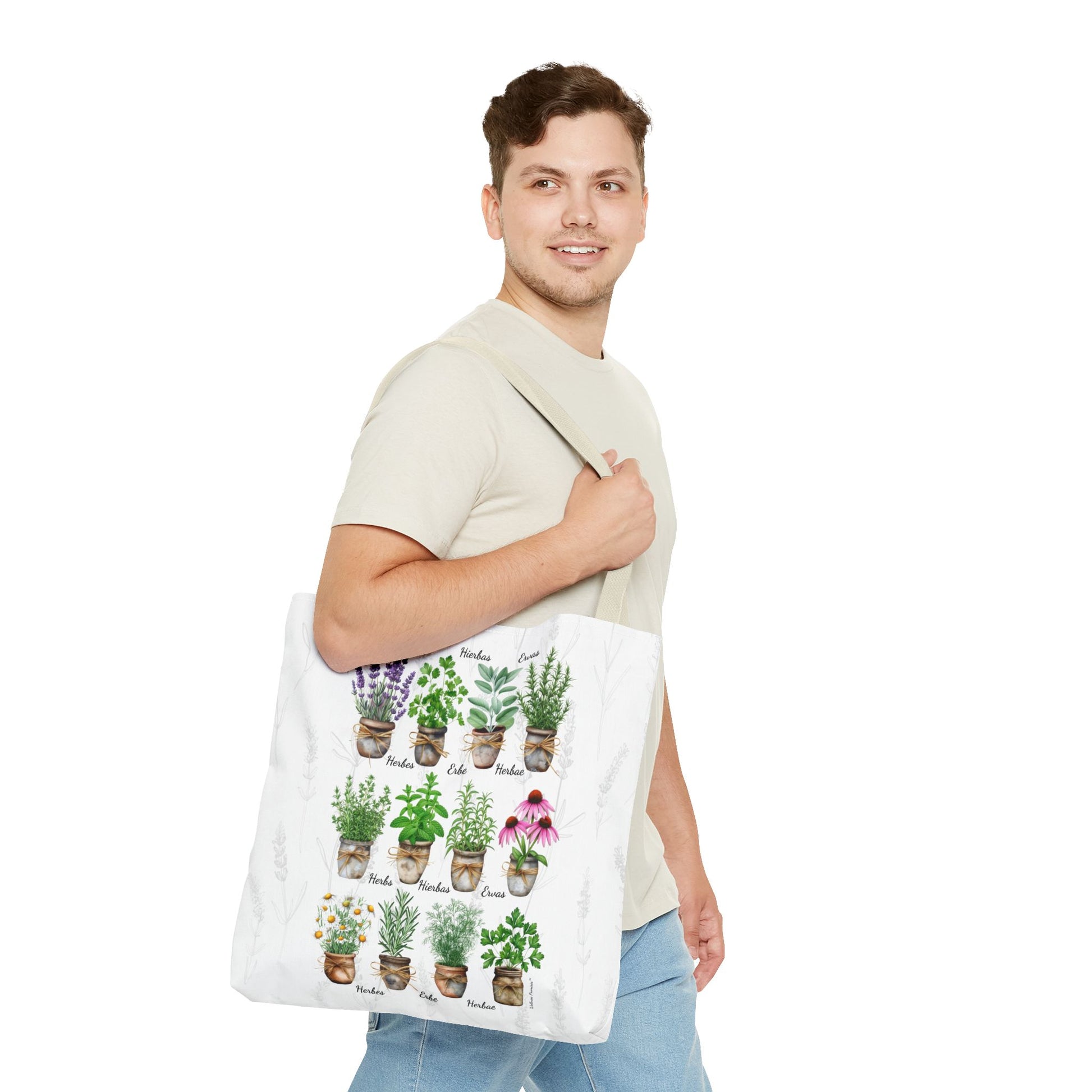 6 Language Watercolor Herbal Garden Tote Bag | Botanical Shopping Tote | Eco-Friendly Grocery Bag, Plant Lover Gift, Garden Decor, Mothers Day