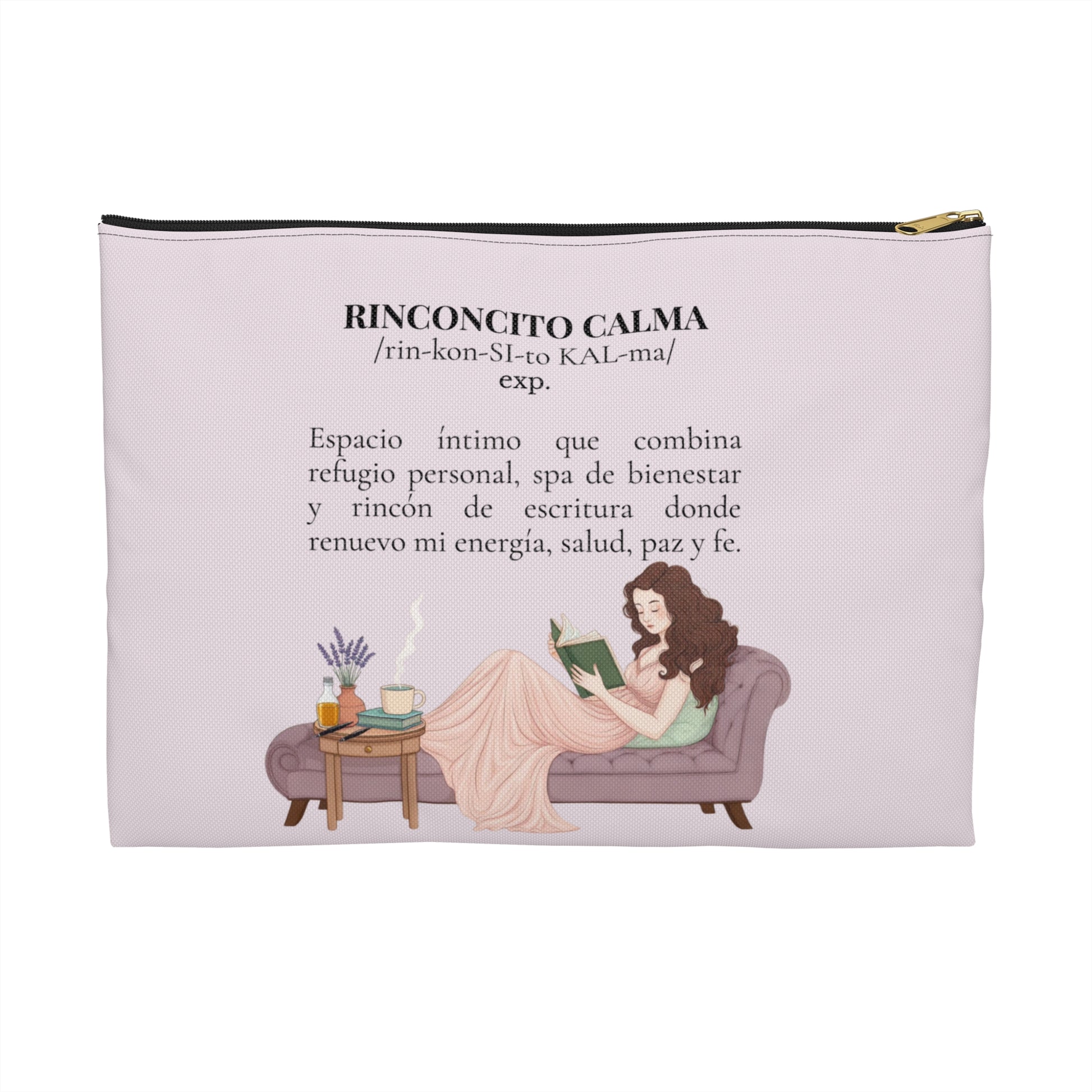 Accessory Pouch — Slow-Living Corner "Rinconcito Calma" & Lavender Tea Bible Quote (Pink, Spanish)