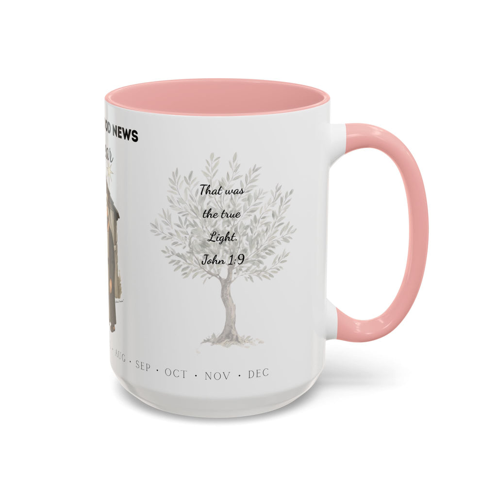 Nativity Coffee Mug Year-Round — "Celebrate Good News All Year" Christian Christmas Mug