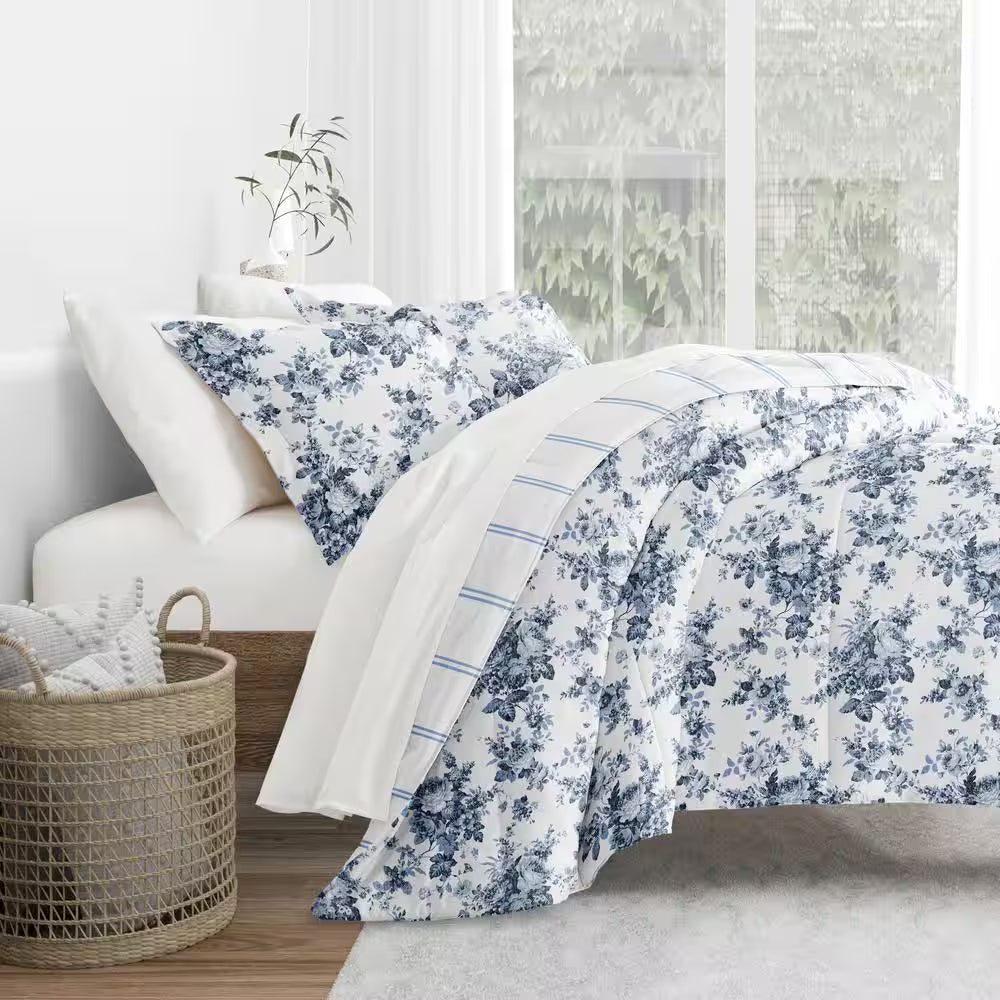 7-Piece Cabbage Rose Stripe Stone Pattern Comforter Cal King Microfiber Bedding Bundle
