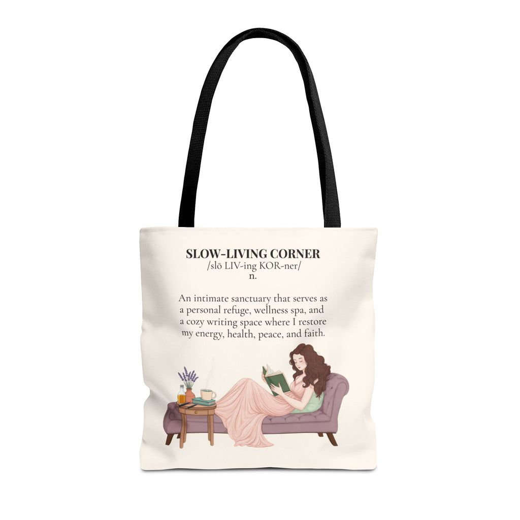 Slow-Living Corner Tote Bag — Cozy Self-Care AOP Canvas Tote with Faith Quotes