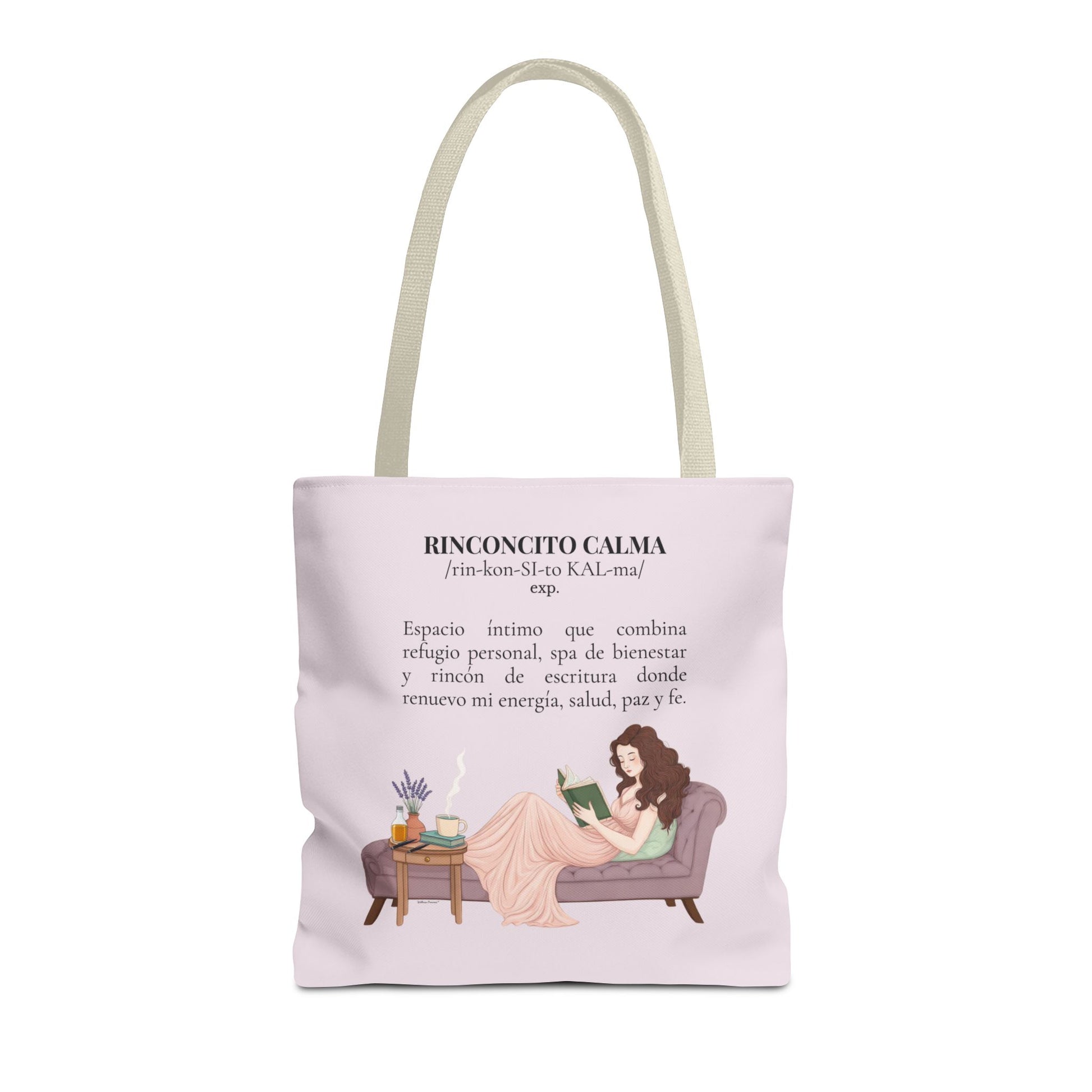 Slow-Living Corner Tote Bag — "Rinconcito Calma" Spanish Cozy Self-Care AOP Canvas Tote with Faith Quotes (Pink)