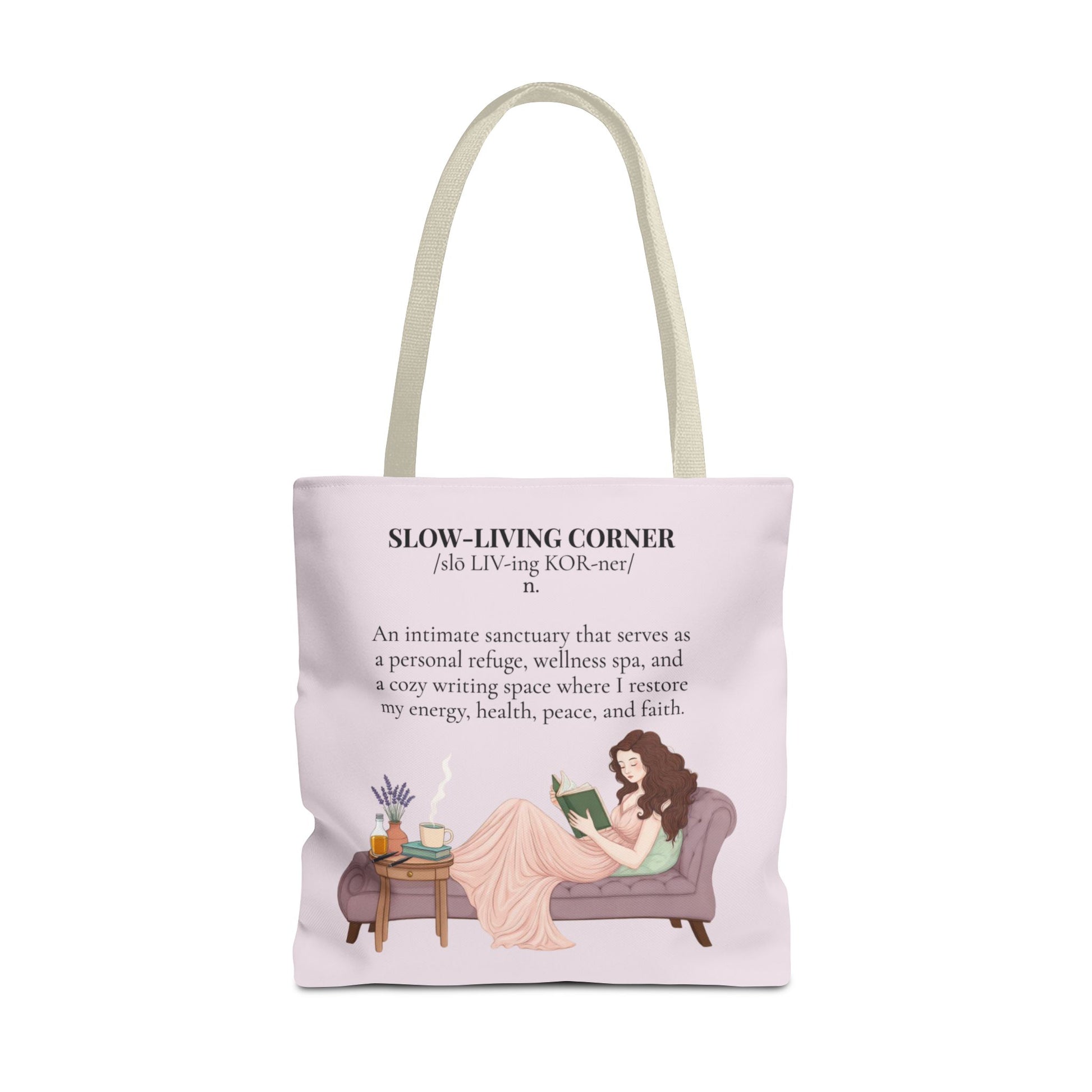 Slow-Living Corner Tote Bag — Cozy Self-Care AOP Canvas Tote with Faith Quotes (Pink)