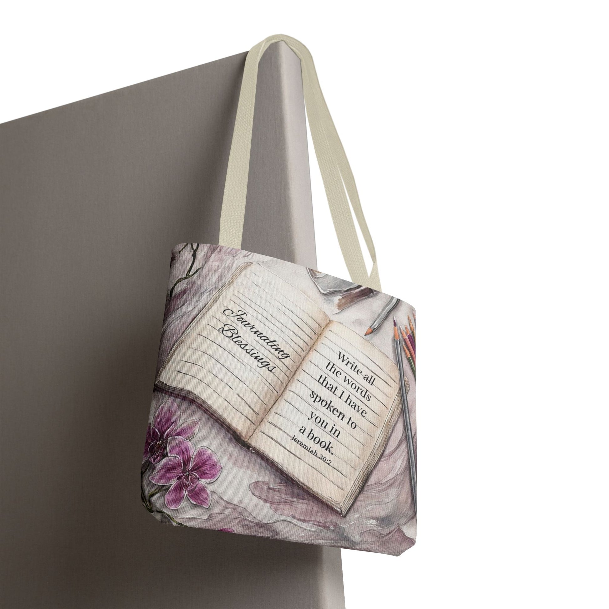 Inspirational Journal Art Tote Bag — "Write the Vision" Orchid & Bible Quote Tote