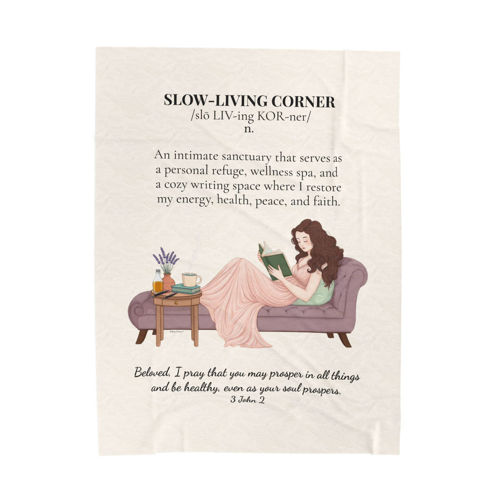 Slow-Living Corner Velveteen Plush Blanket — Cozy Reading Nook Throw with Inspirational Quote (Beige)