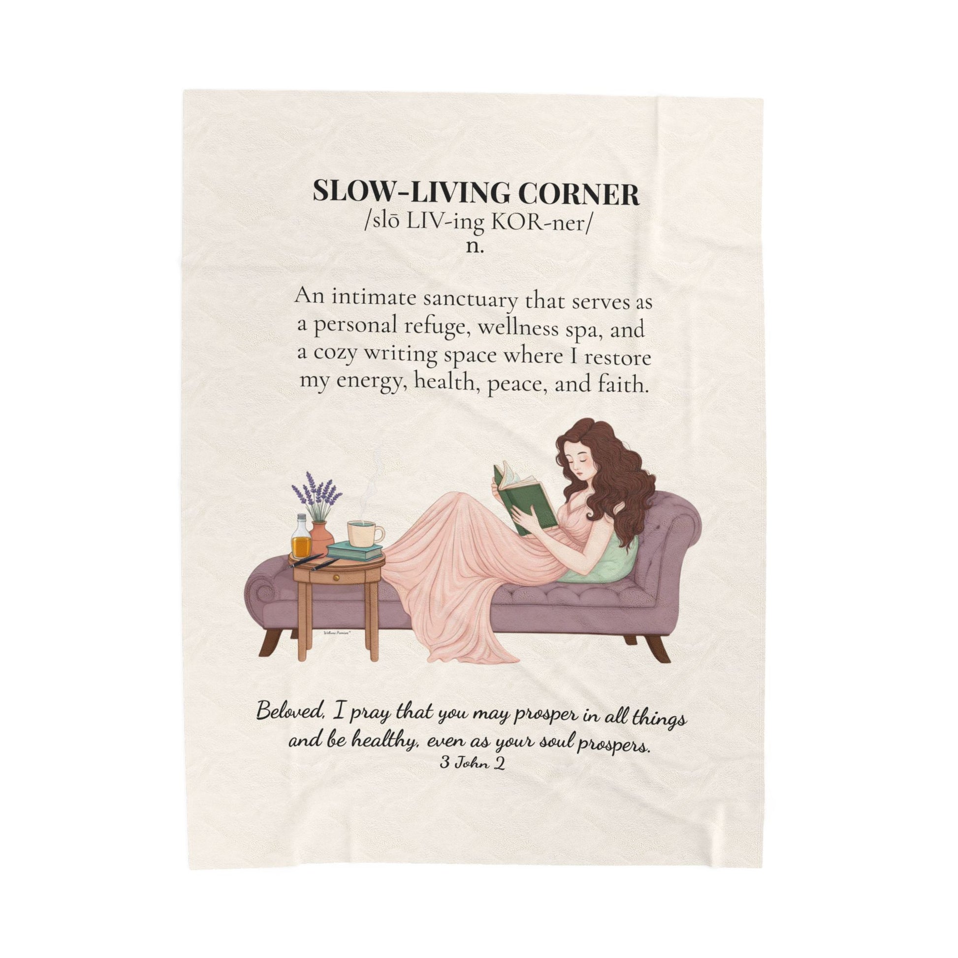 Slow-Living Corner Velveteen Plush Blanket — Cozy Reading Nook Throw with Inspirational Quote (Beige)