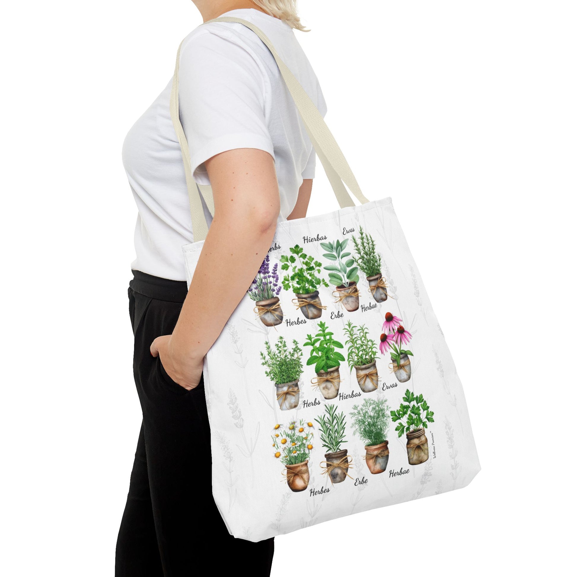 6 Language Watercolor Herbal Garden Tote Bag | Botanical Shopping Tote | Eco-Friendly Grocery Bag, Plant Lover Gift, Garden Decor, Mothers Day