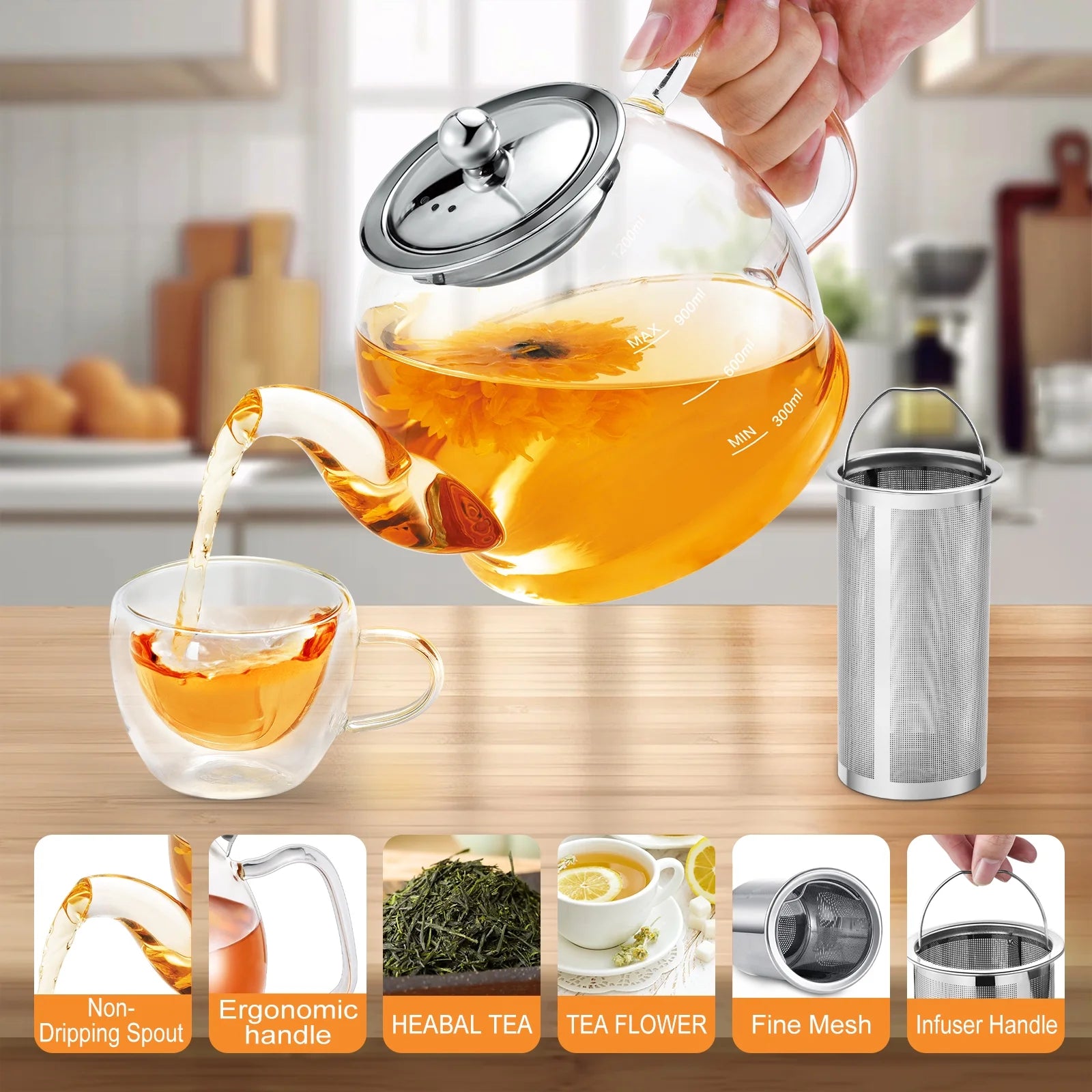 1200Ml Glass Teapot, 40Oz Stovetop Safe Tea Kettle, with Removable Stainless Steel Infuser, for Loose Leaf and Fruit Tea
