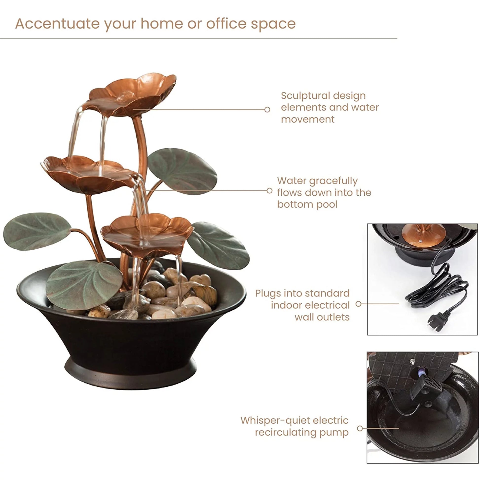 Tabletop Water Serenity Fountain Indoor Water Lily Ornaments, Copper, 10"