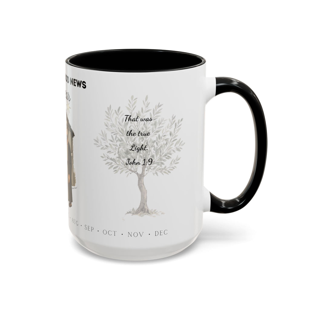 Nativity Coffee Mug Year-Round — "Celebrate Good News All Year" Christian Christmas Mug