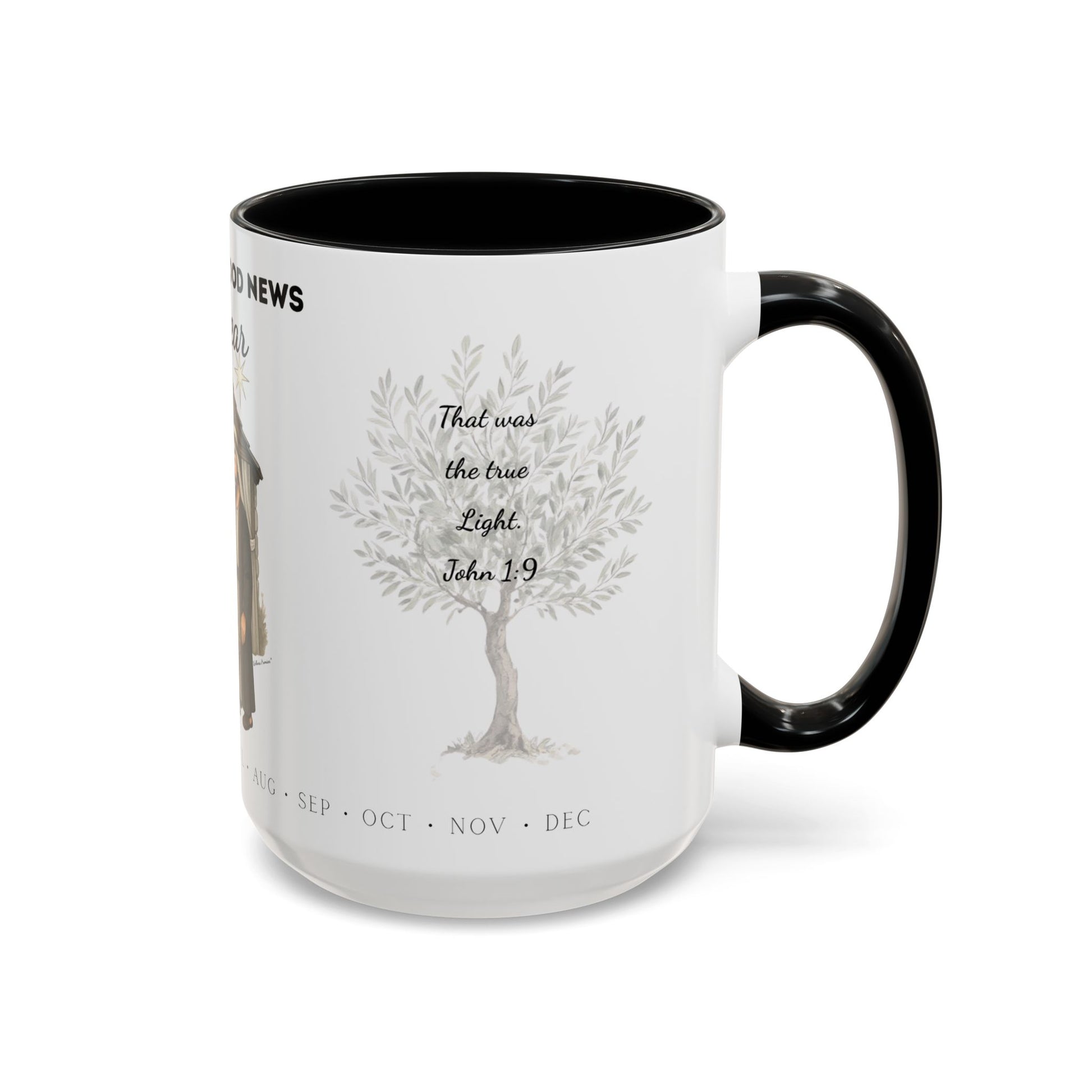 Nativity Coffee Mug Year-Round — "Celebrate Good News All Year" Christian Christmas Mug