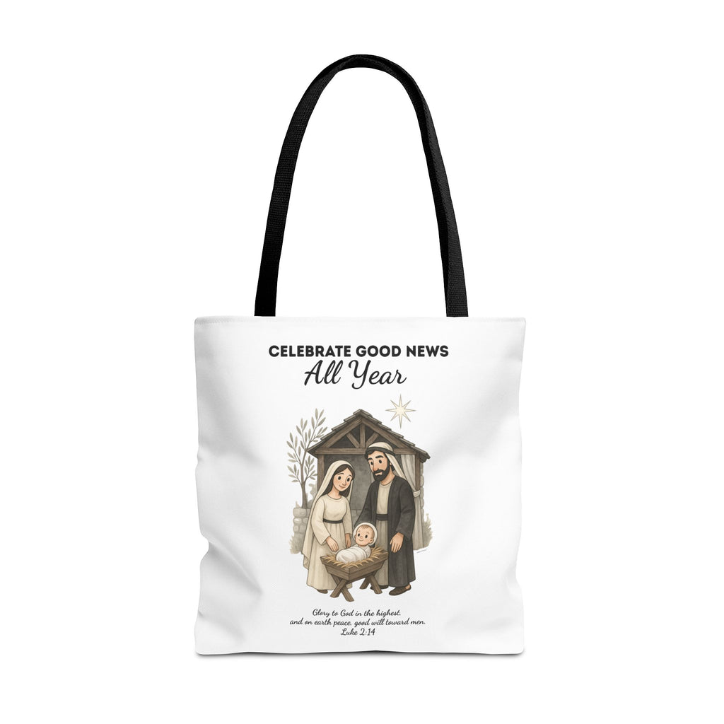 Nativity Tote Bag Year Round — (White Color) "Celebrate Good News All Year" Nativity Tote